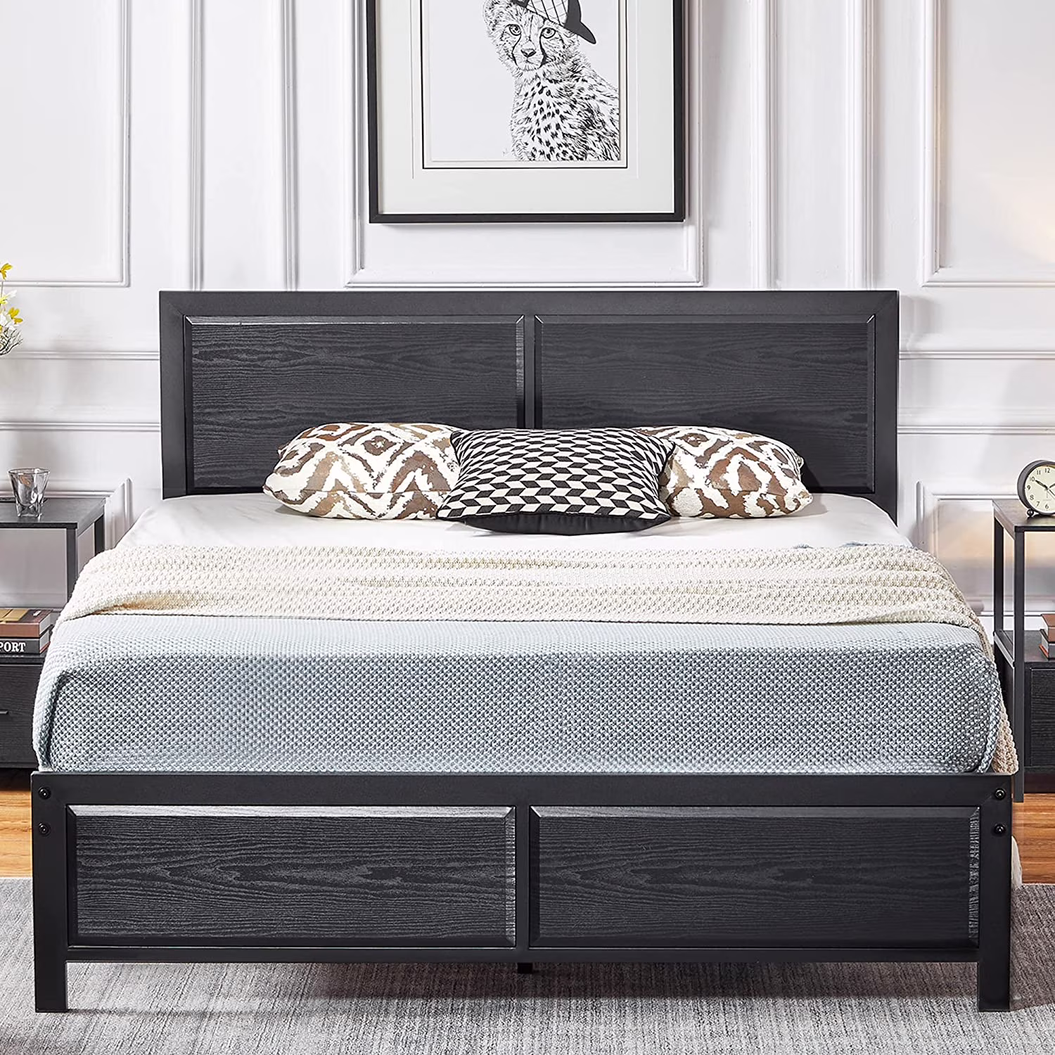 OUWI Full Size Platform Bed Frame with Black Wood Headboard, Mattress Foundation, Strong Metal Slats Support, No Box Spring Needed