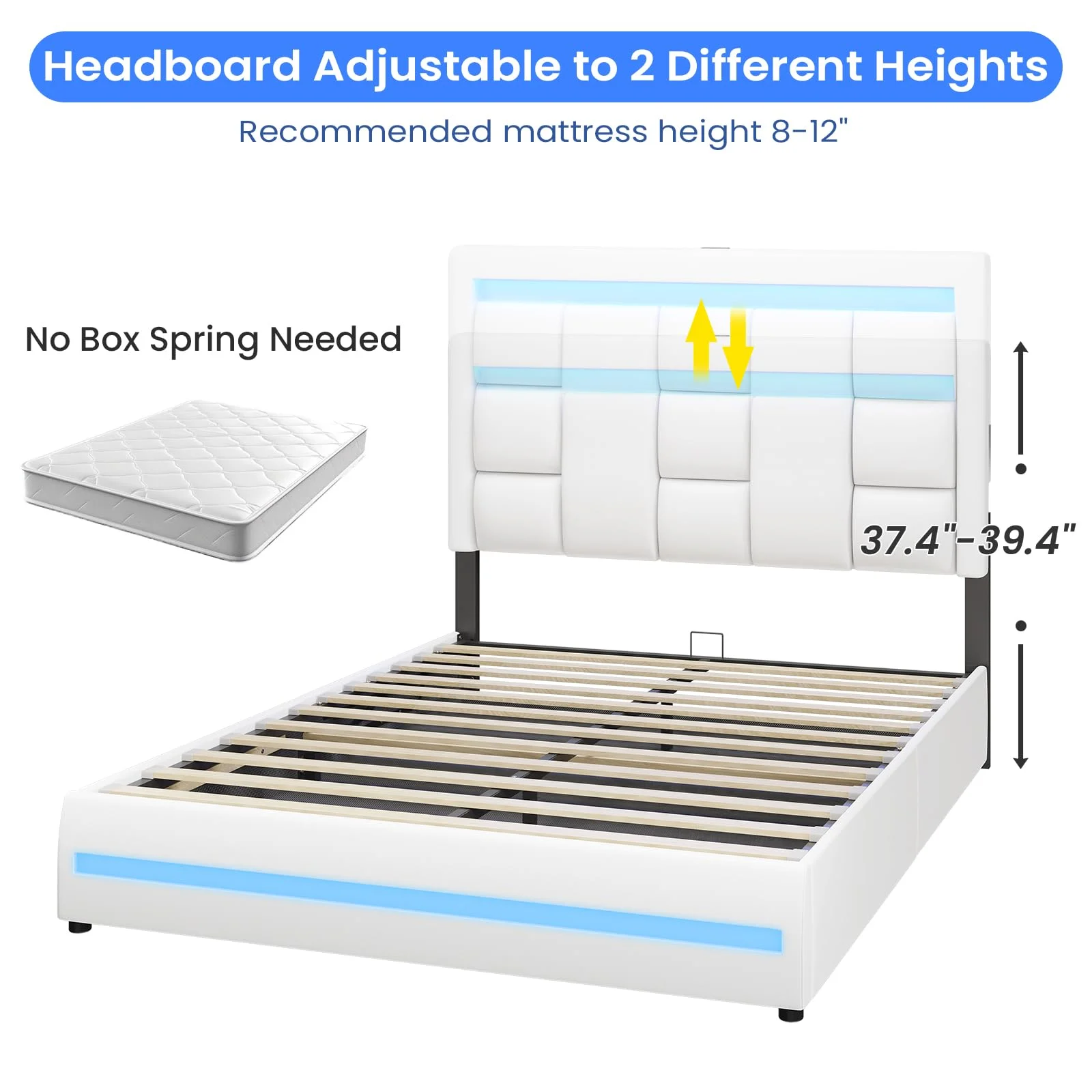 Queen Size Lift Up Storage Bed with USB and Type-C Ports, Upholstered Platform Bed with LED Light Headboard, No Box Spring Needed, White