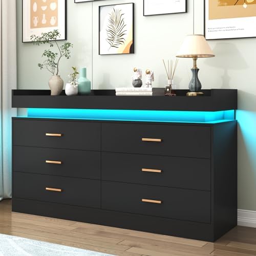 6 Drawer Dresser with LED Light   Chest of Drawers for Closet  Wide Drawer Organizer Cabinet for Bedroom  Living Room  Entryway  Hallway(6 Drawer Black)