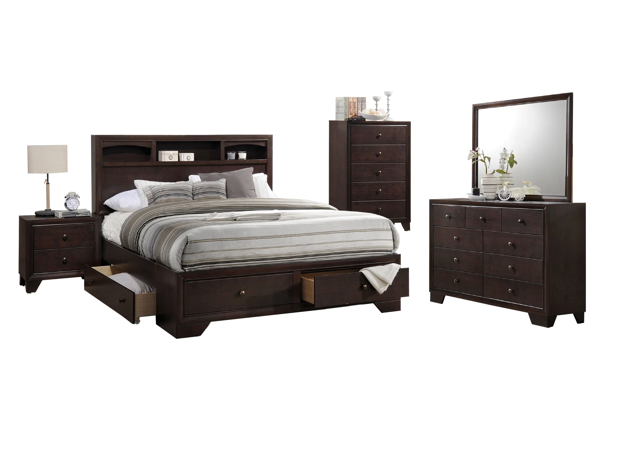 Modern Unique Storage Shelf Drawers King Size Bed Dresser Mirror 2x Nightstands 5pc Set Bedroom Furniture Wooden Veneer