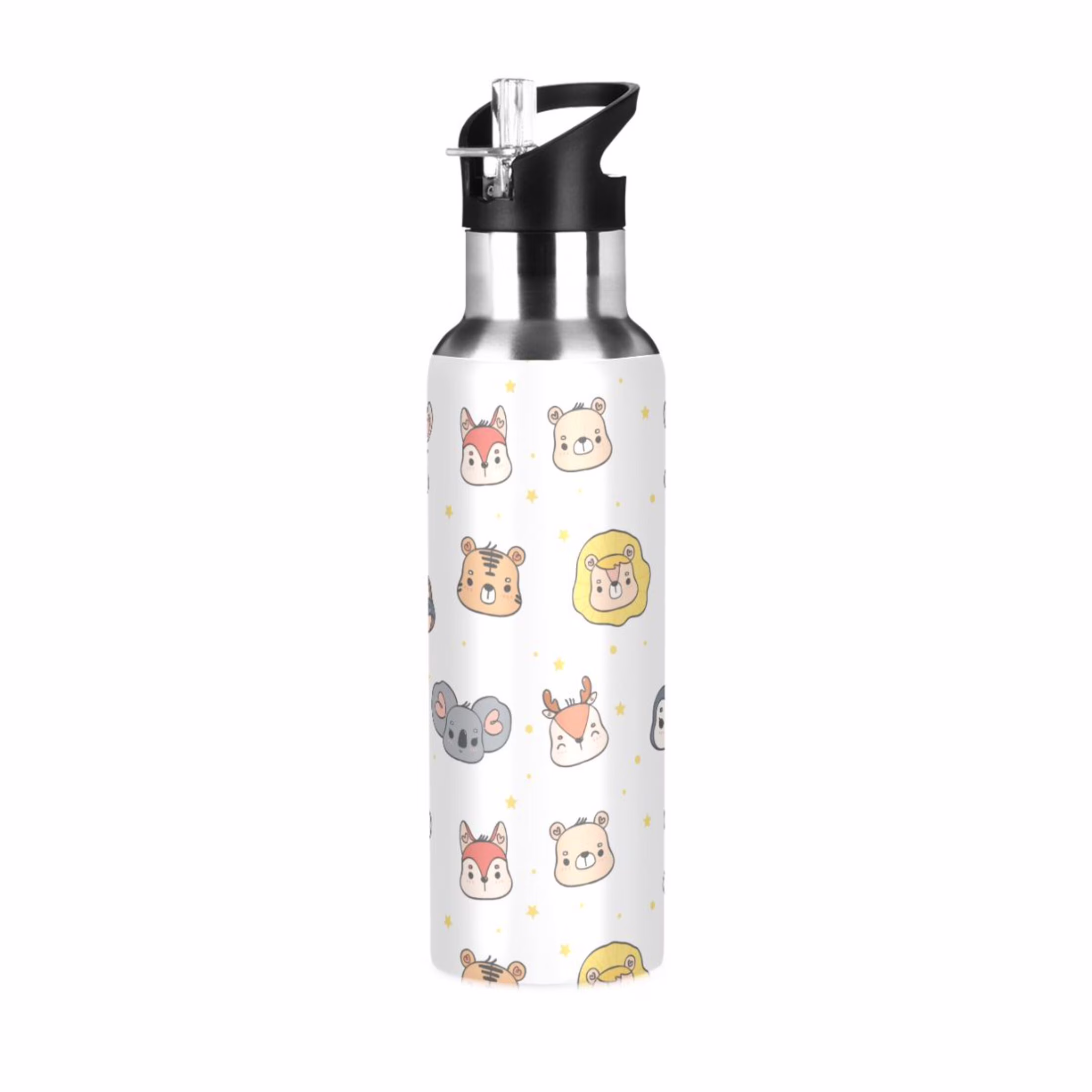 Cartoon Cats Foxes Rabbits Monkey Water Bottles Insulated Thermos Kids Stainless Steel Bottle with Straw Lid Flask Leakproof for Sports Gym 20 oz