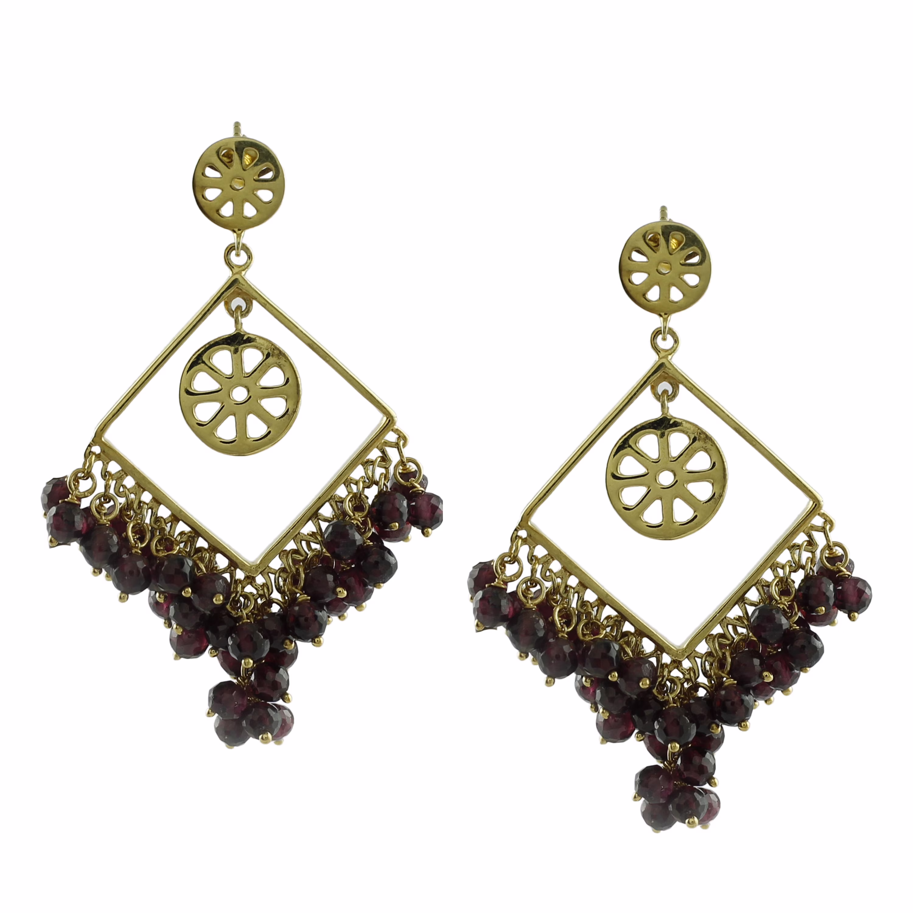 Red Garnet Ball Shape Gemstone Jewelry 18K Yellow Gold Drop Dangle Earrings For Women