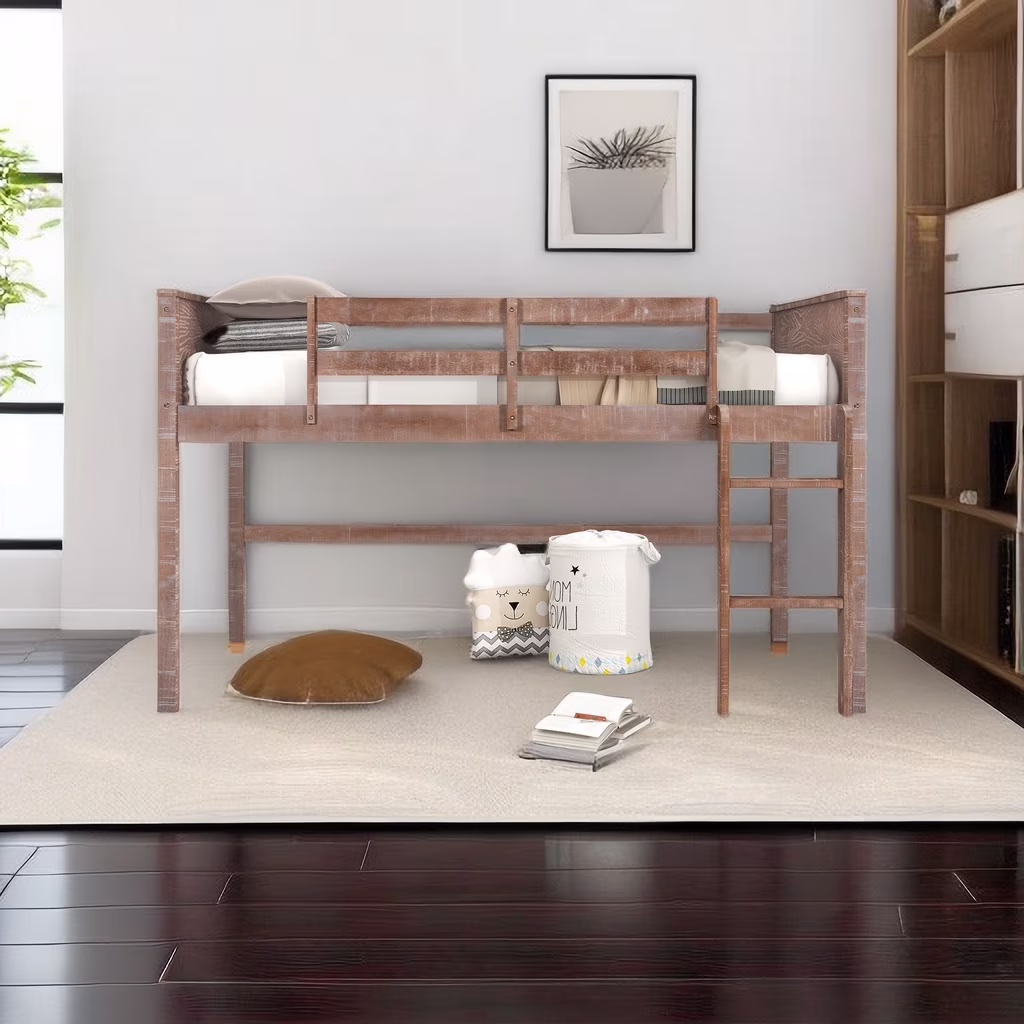 Wood Twin Size Loft Bed with Hanging Clothes Racks, Low Loft Bed with Full-Length Guardrails, Ladder W/Handrails, Loft Bed Frame for Boys Girls Children