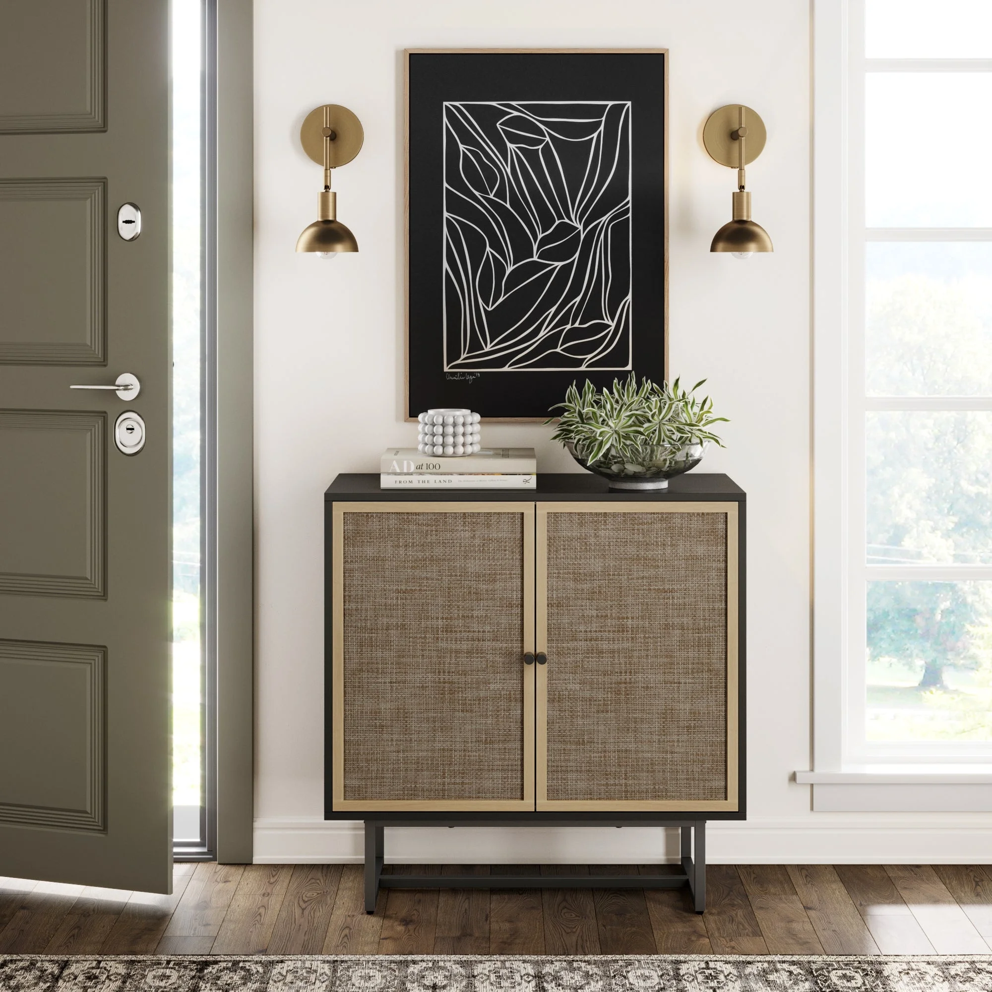 Nathan James Kova Cane Rattan Doors Accent Cabinet with Black Metal Base and Adjustable Shelf
