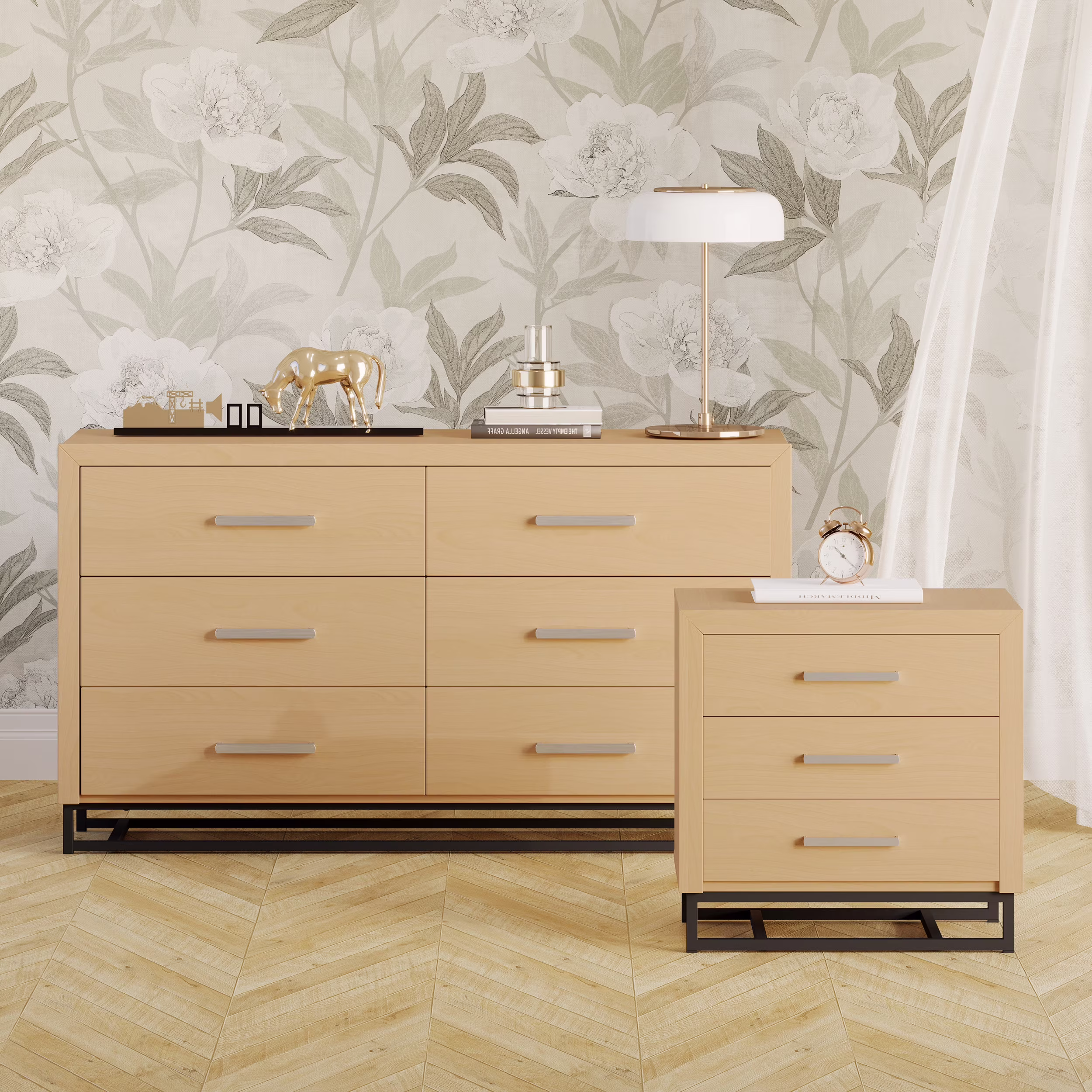 Noble House Cayuga Faux Wood 2 Piece Double Dresser and Nightstand Bedroom Set, Natural and Black