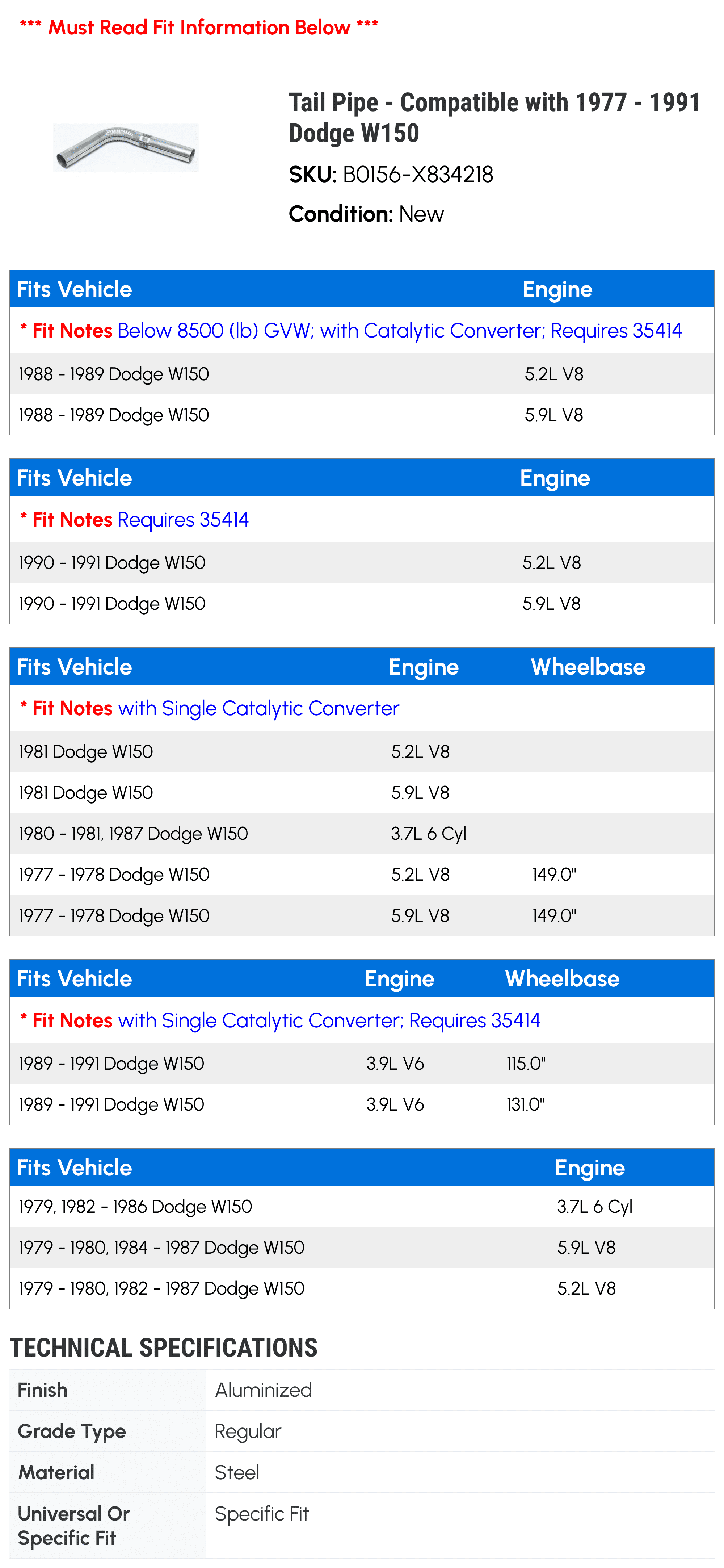 Tail Line - Compatible with 1977 - 1991 Dodge W150 1978 1979 1980 1981 1982 1983 1984 1985 1986 1987 1988 1989 1990