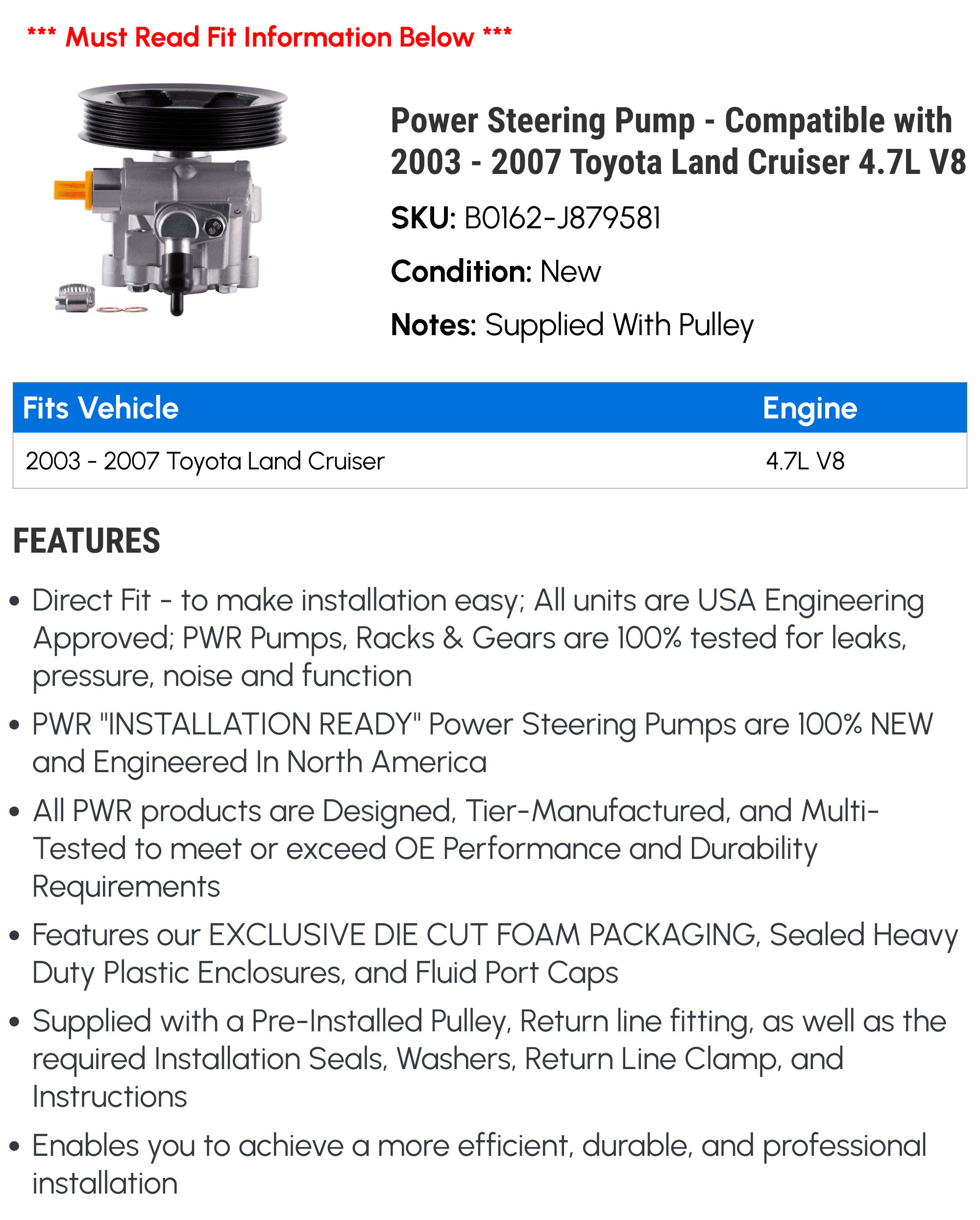 Power Steering Pump - Compatible with 2003 - 2007 Toyota Land Cruiser 4.7L V8 2004 2005 2006