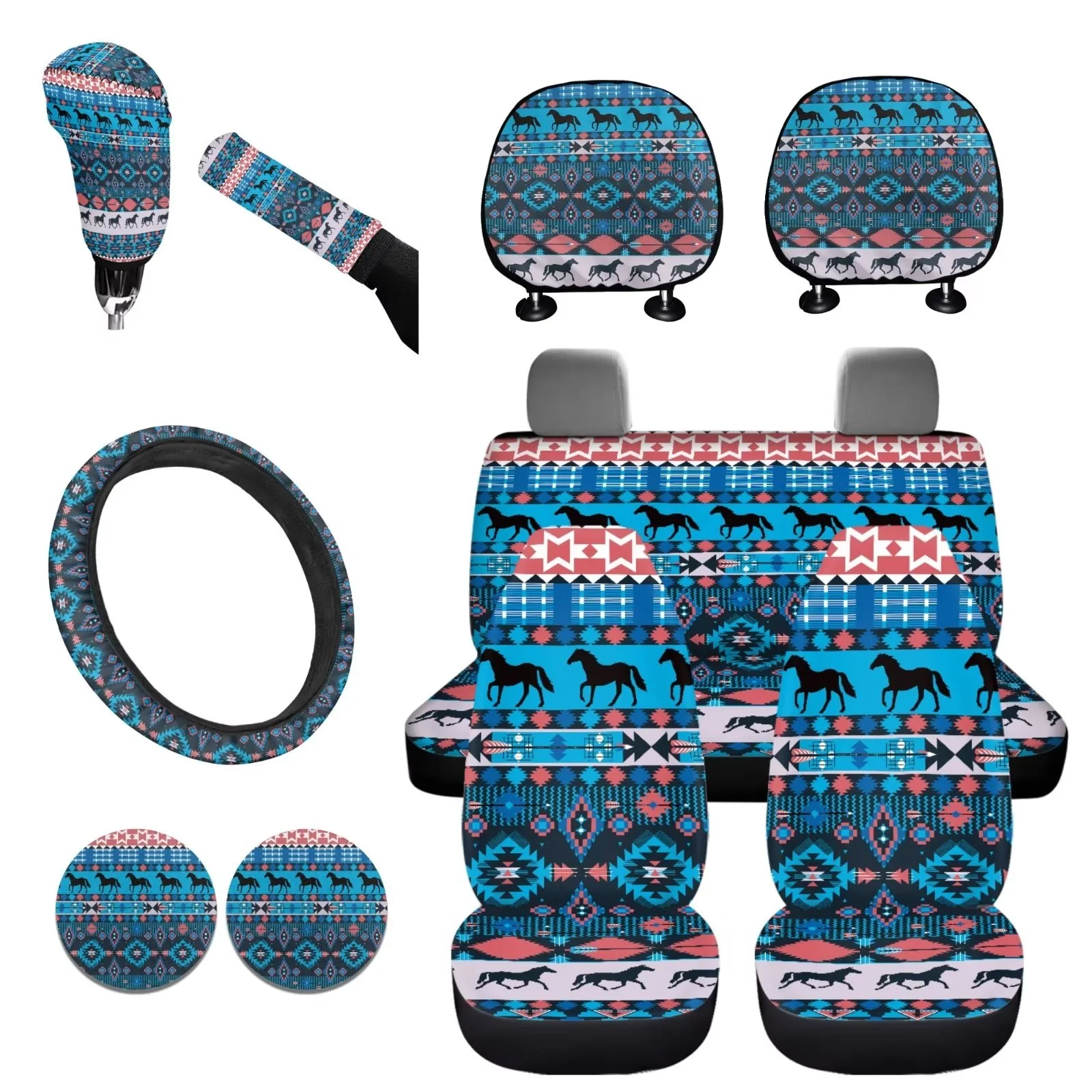 FKELYI Aztec Ethnic Geometry Car Seat Cover 11 Packs Easy to Install Automobile Accessories with Car Headrest Cover/Gear Shift Cover&Handbrake Cover/Car Cup Pad/Steering Wheel Cover,Universal Fit