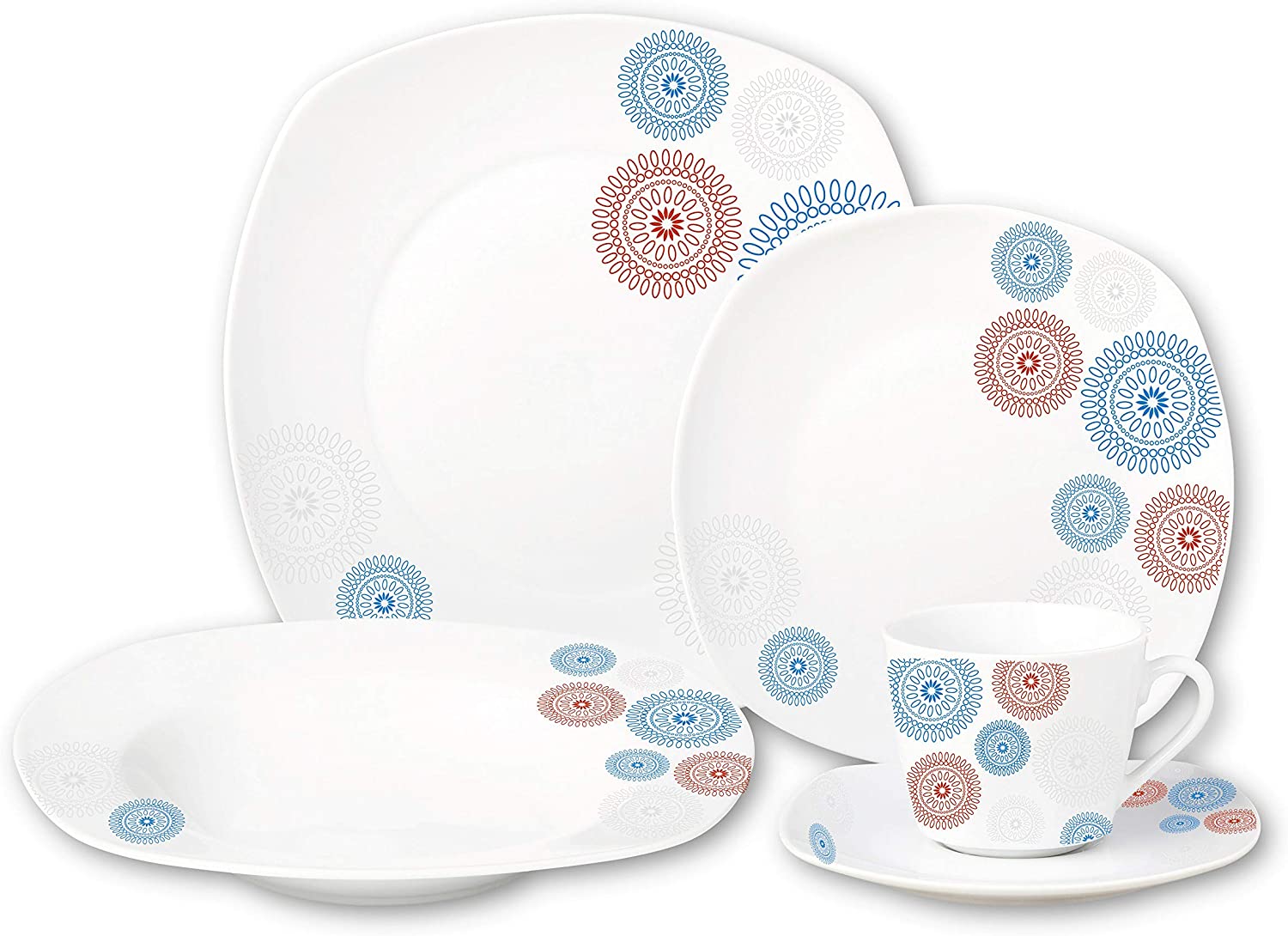 Lorren Home Trends Porcelain 20 Piece Square Dinnerware Set, Service for 4, Blue