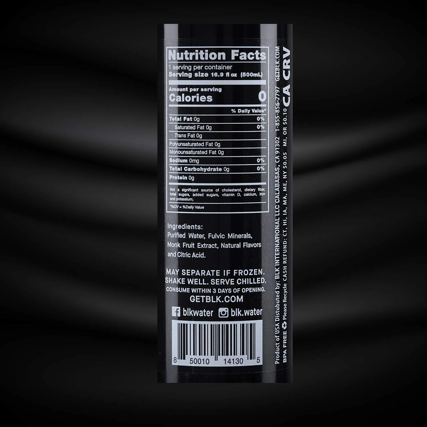 blk. Black & Blueberry Fulvic Enriched Water, Flavored Mineral Bottled Water 16.9oz / 500ml (12 Pack)