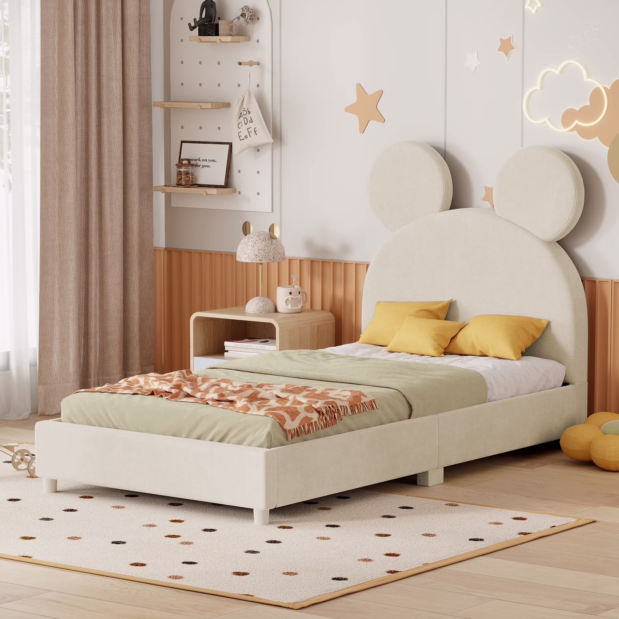 Twin Size Upholstered Bed Frame with Cute Bear Ear Shaped Headboard - Stylish Twin Bed with Headboard for Kids-Beige