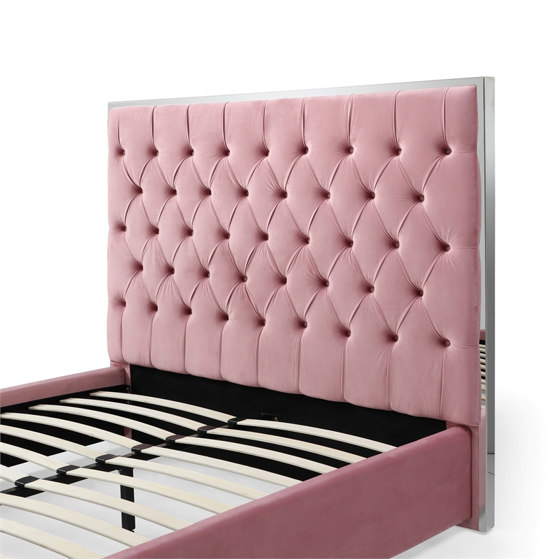 Better Home Products Sophia Velvet King Bed with Silver Metal Frame in Pink