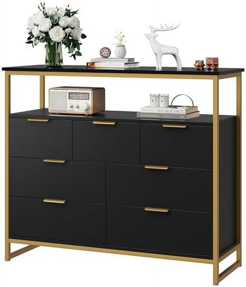YZboomLife 7 Drawer Dresser  Black Dresser  Wide Dresser Chest of Drawers  Modern Dresser with Metal Handles  Large Capacity Chest  Organizer for Living Room  Entryway  Hallway  Black