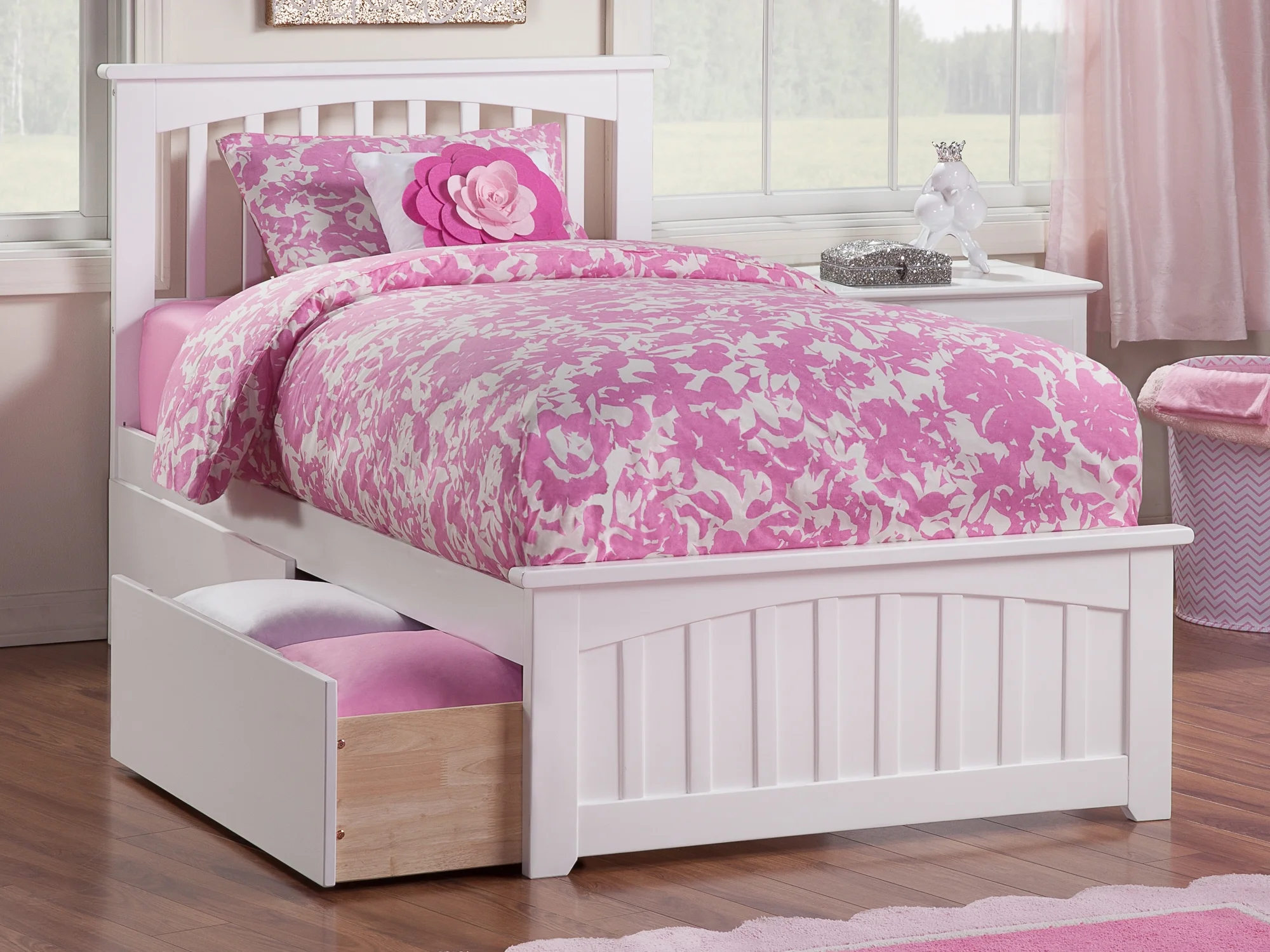Mission Twin XL Platform Bed with Matching Foot Board with 2 Urban Bed Drawers in White