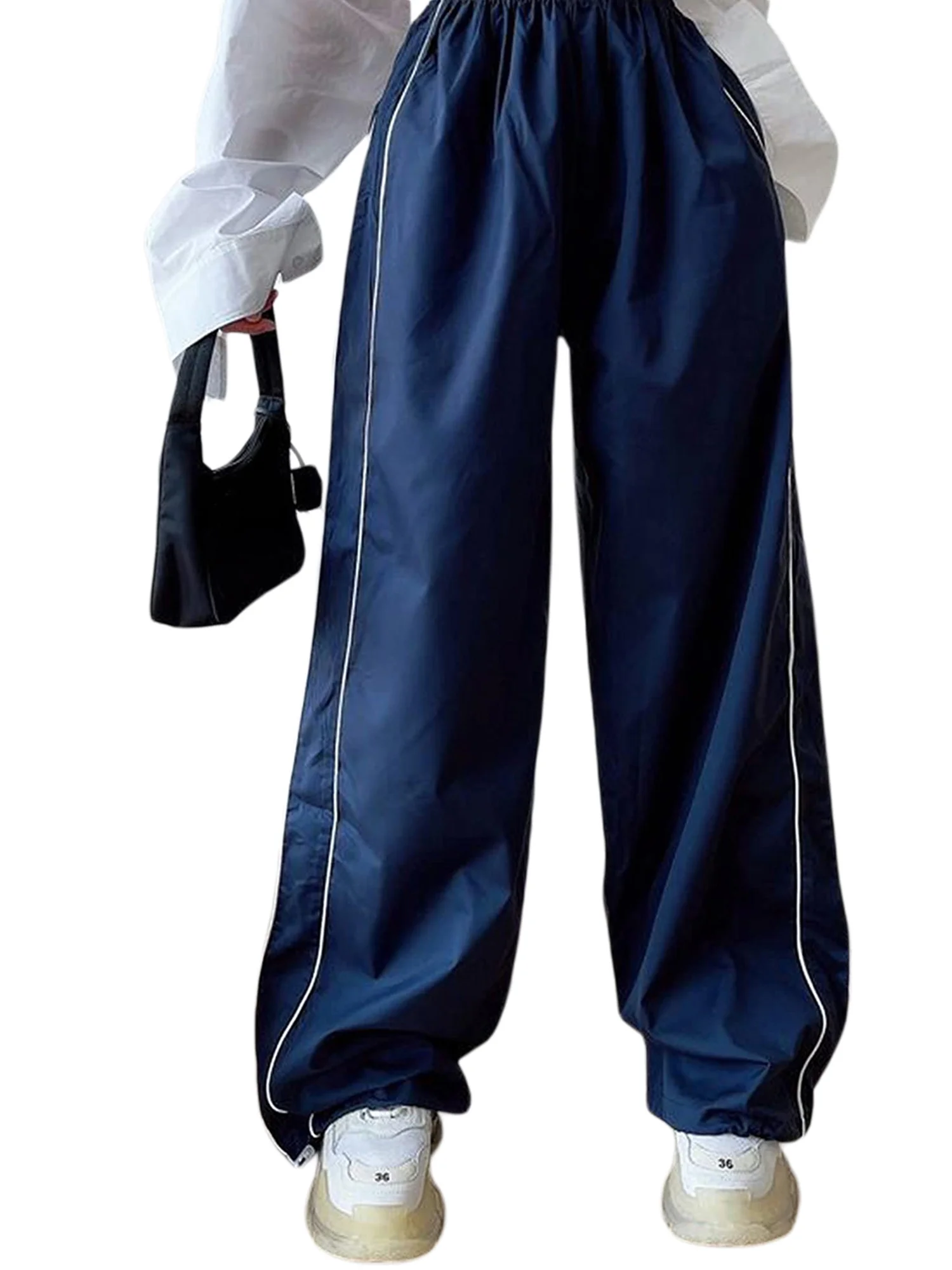 Womens Parachute Pants Cargo Trousers Elastic Waist Wide Leg Track Pants Y2k Clothing