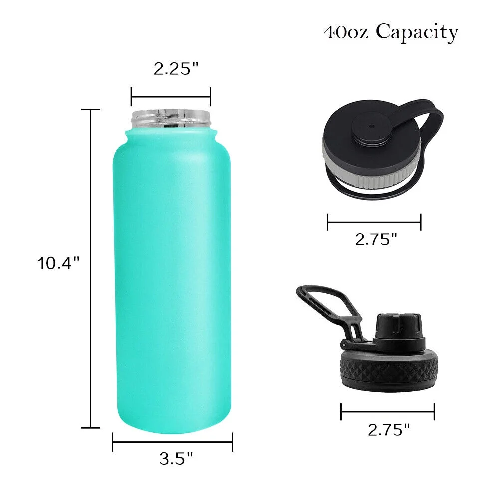 1 Pcs 40oz Water Bottle Stainless Steel Wide Mouth Double Wall Vacuum Insulation Bottle Aqua Green Color