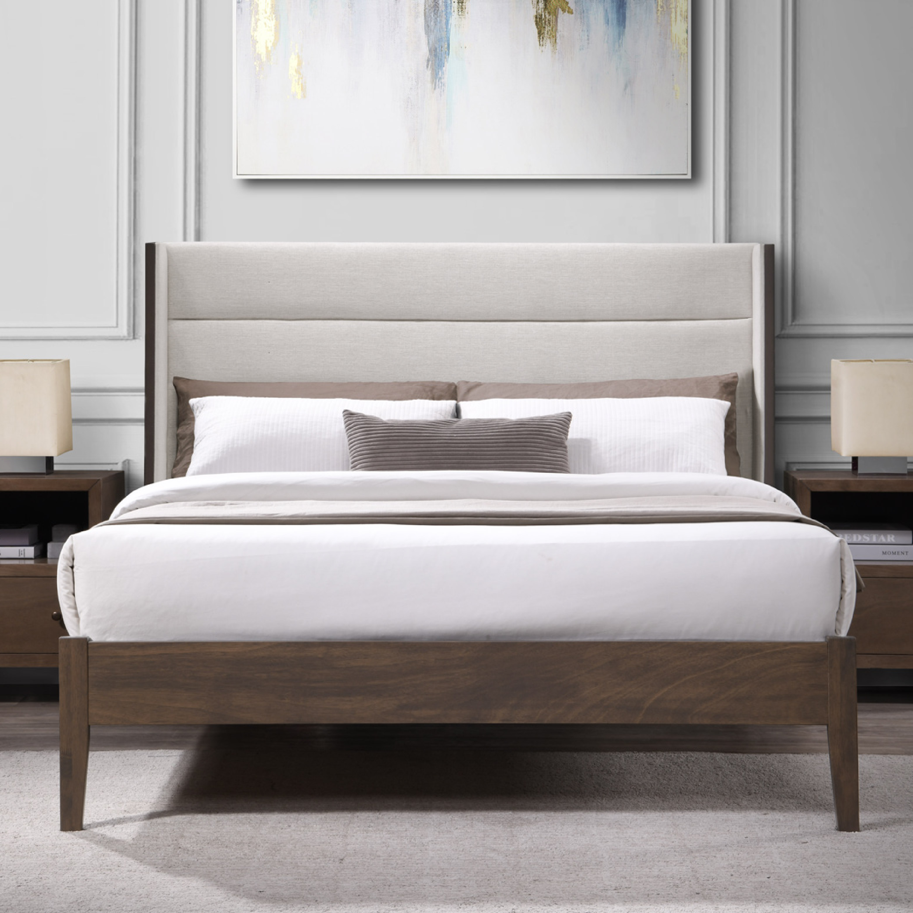 DG Casa Thomas Wingback Channel Queen Bed Frame - Stylish Upholstered Bed Frame Queen | Easy Install Queen Bed Frame with Headboard and Wooden Slat Support Included | No Box Spring Required