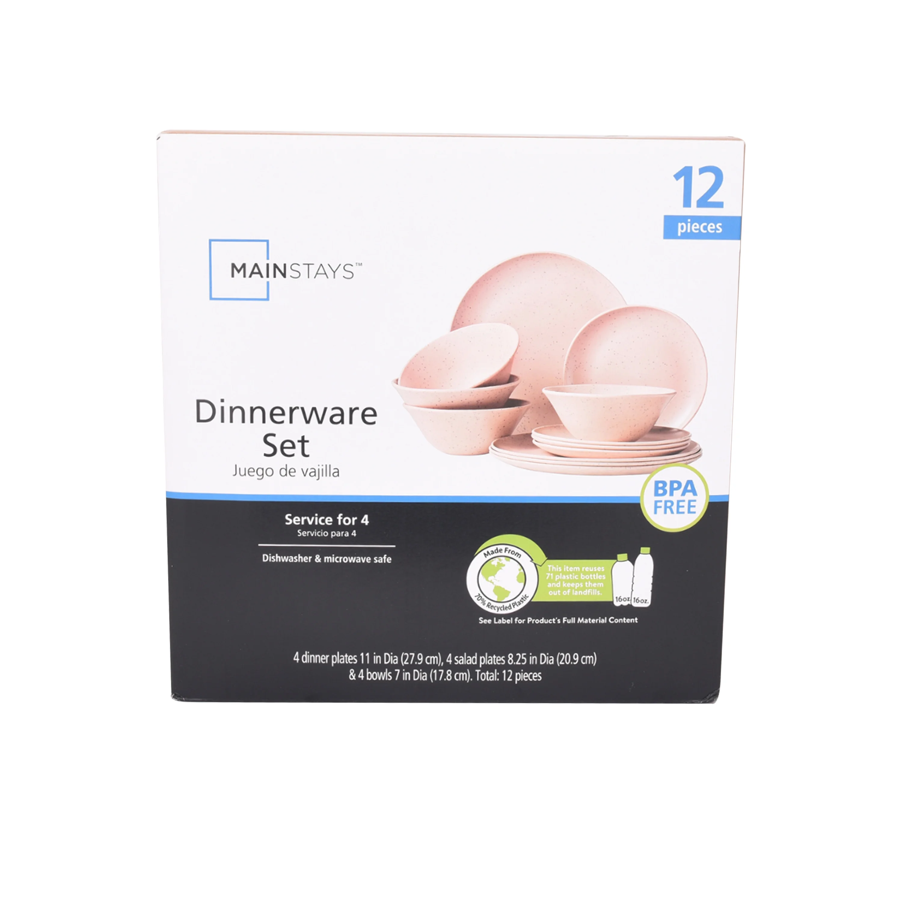 Mainstays 12-Piece Eco-Friendly Dinnerware Set, Pink