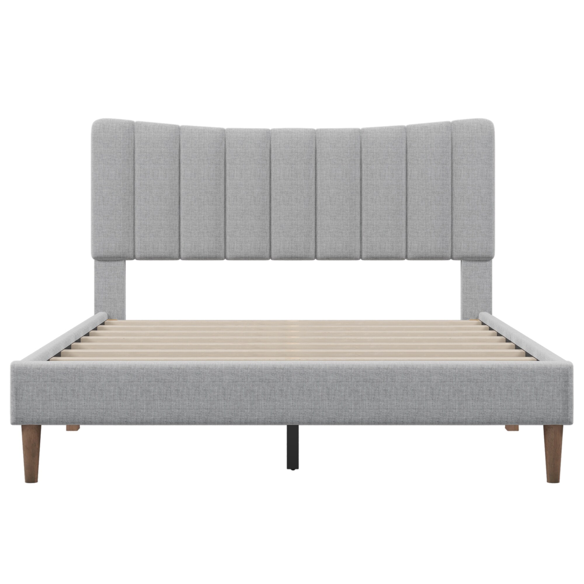 Queen Upholstered Platform Bed Frame with Vertical Channel Tufted Headboard, Wooden Slat Supported, No Box Spring Needed, Grey