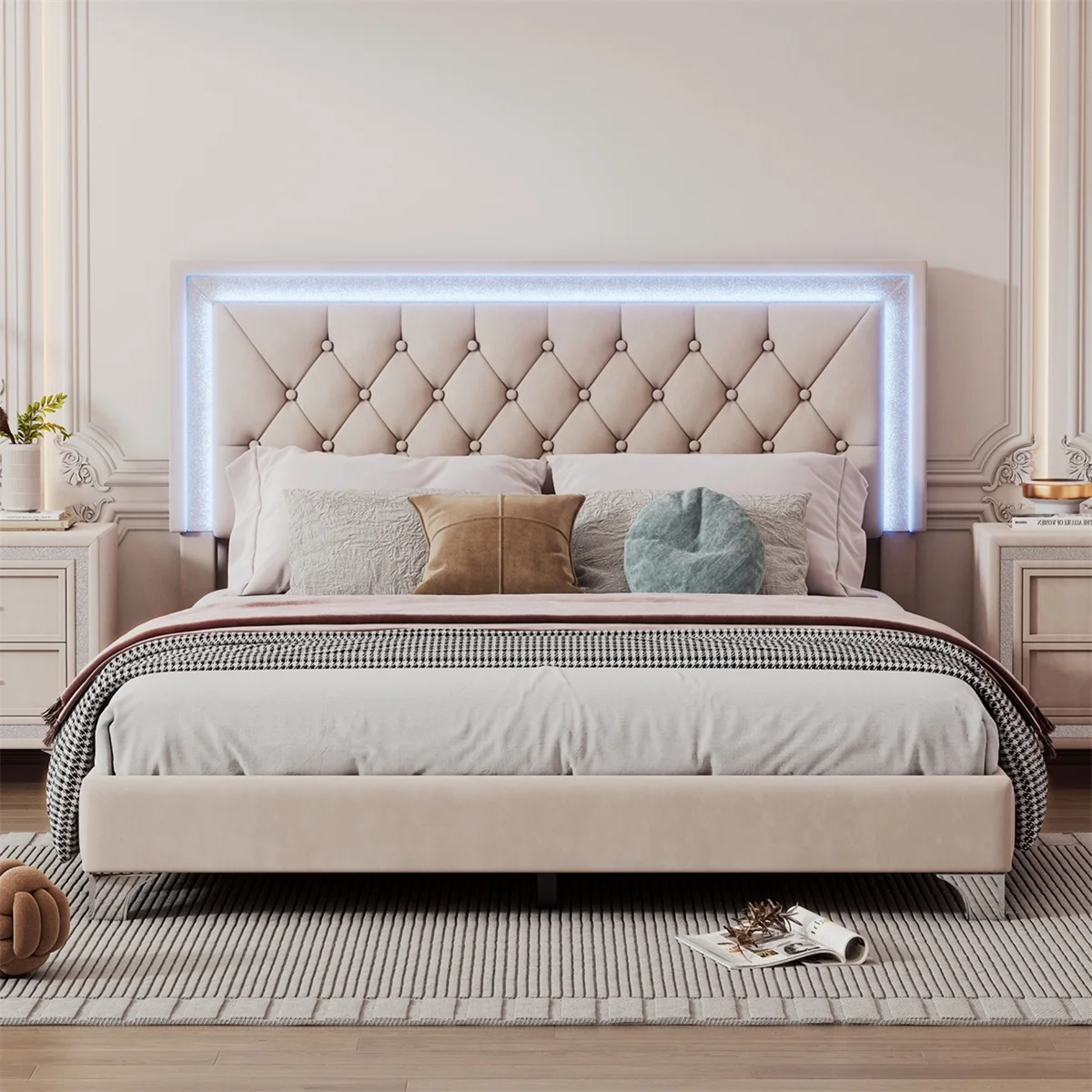 Queen Size Bed Frame with LED Lights and Upholstered Headboard, 700LBS Capacity, Beige