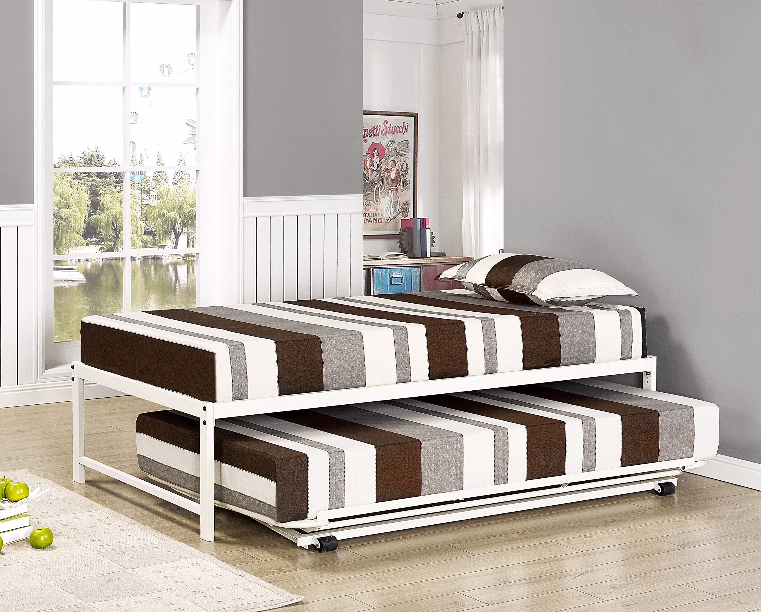 Kings Brand Furniture Twin Size White Metal Platform Bed with Pop-up Trundle