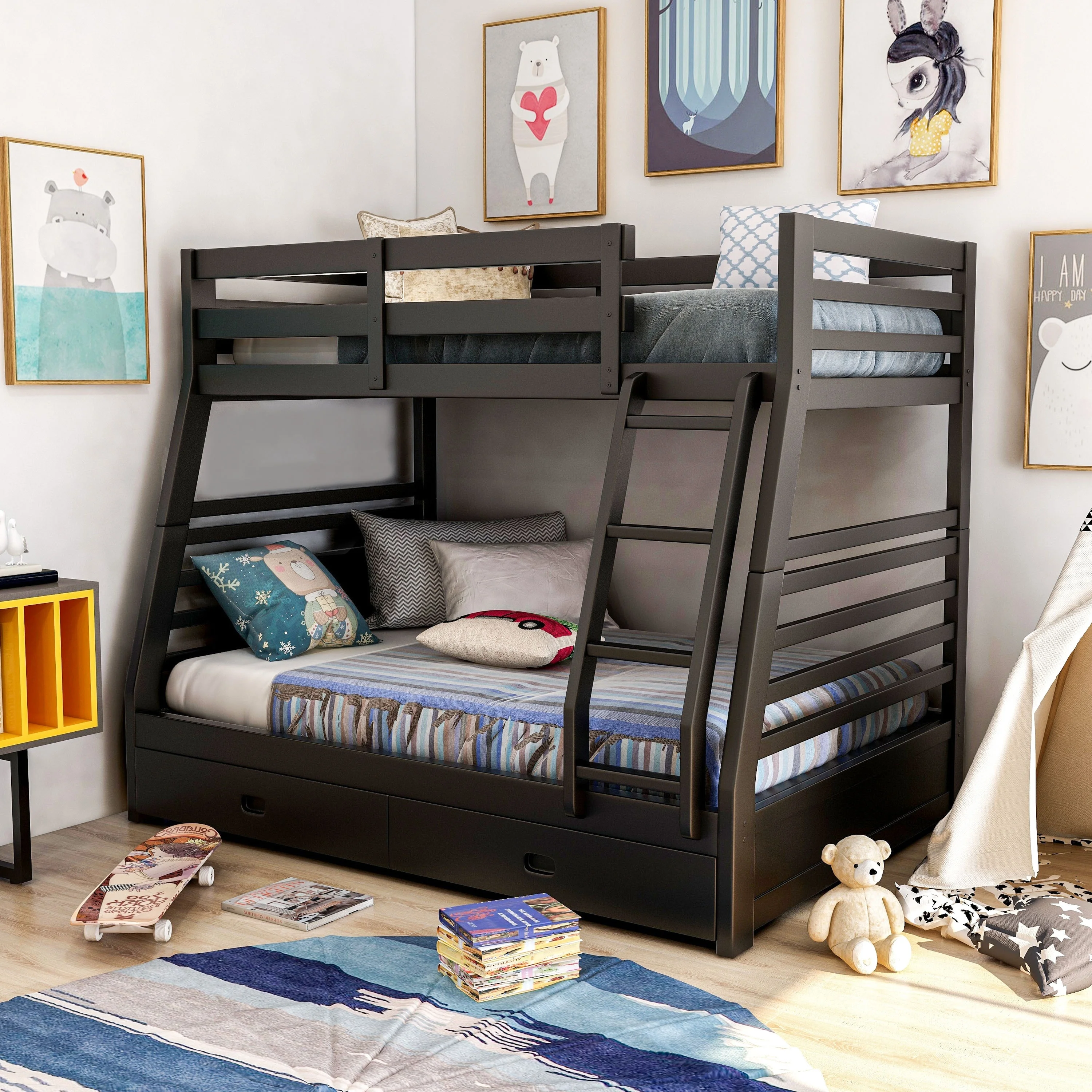 Furniture of America Cude Modern Twin over Full Solid Wood Bunk Bed Set by  Dark Walnut Powder Coated, Wood Finish
