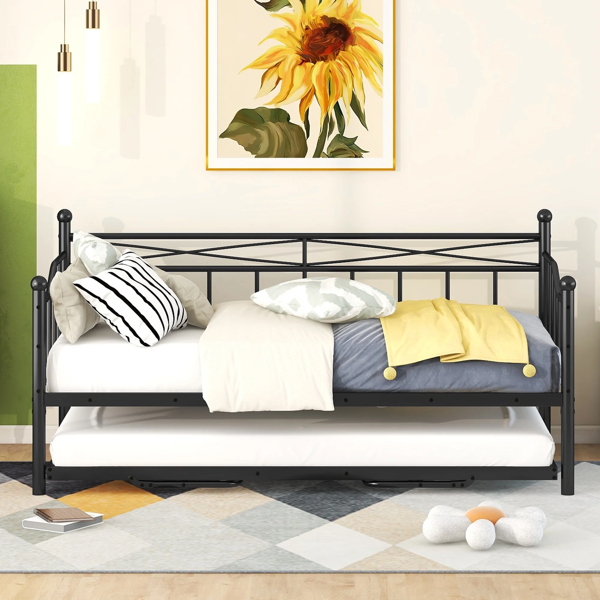 CoSoTower Twin Size Metal Daybed with Twin Size Adjustable Trundle, Portable Folding Trundle, Black