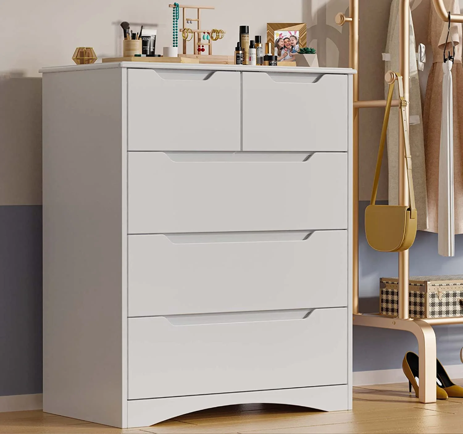 5 Drawers Chest, White Dresser For Dedroom With Large Storage Capacity, Chest Of Drawers With Embedded Handle, Sturdy Anti-Tripping Device For Hallway, Office, Living Room