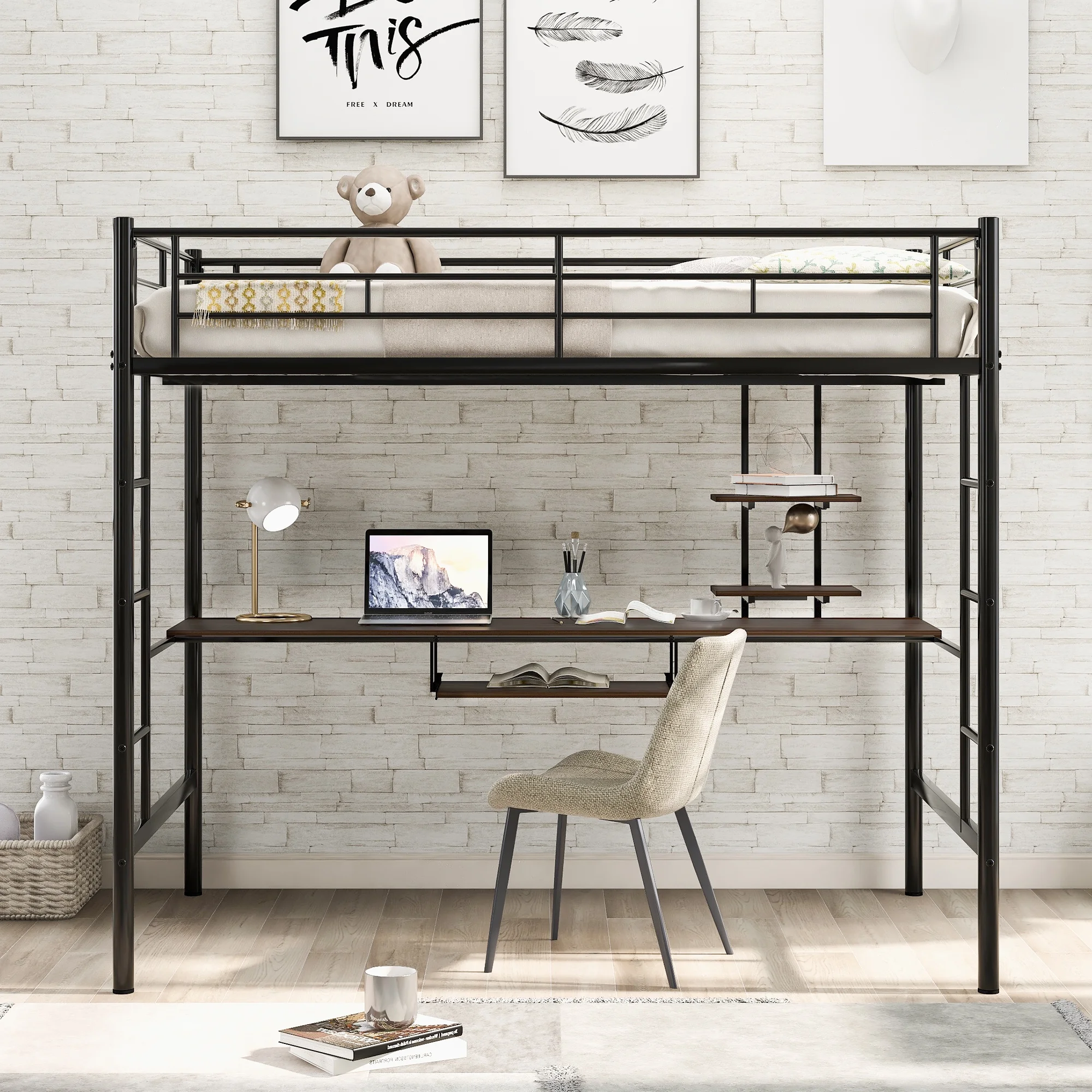CoSoTower Loft Bed With Desk And Shelf, Space Saving Design, Full, Black
