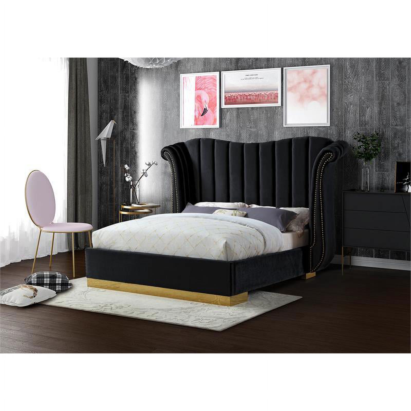 Maklaine Contemporary Solid Wood and Velvet King Bed in Black