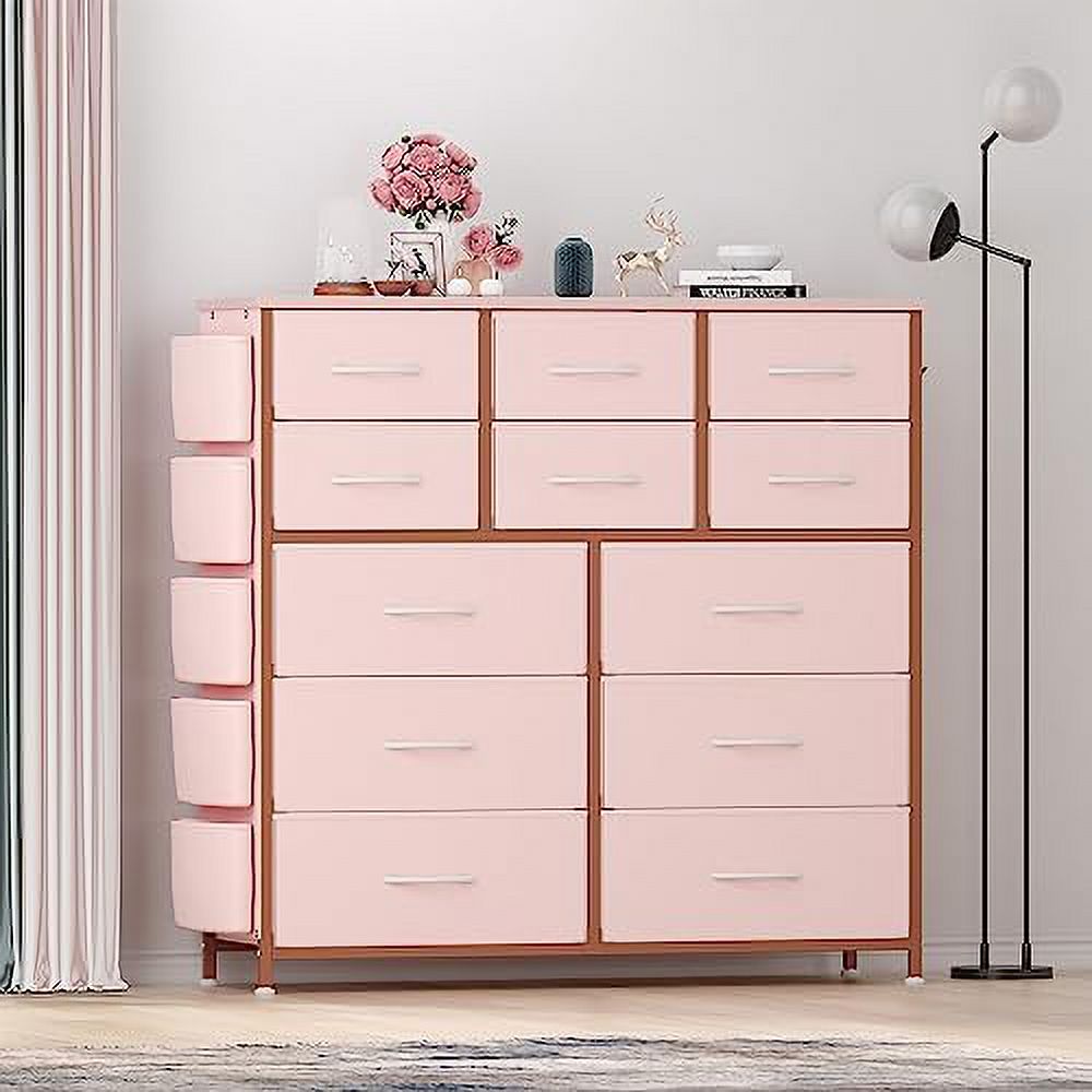 RUNFAYBIU 12 Drawer Dresser for Bedroom  Large Fabric  Tower  Chest of Drawers with Wooden Top and Sturdy Steel Frame  Tall Drawer with Adjustable Feet  Pink