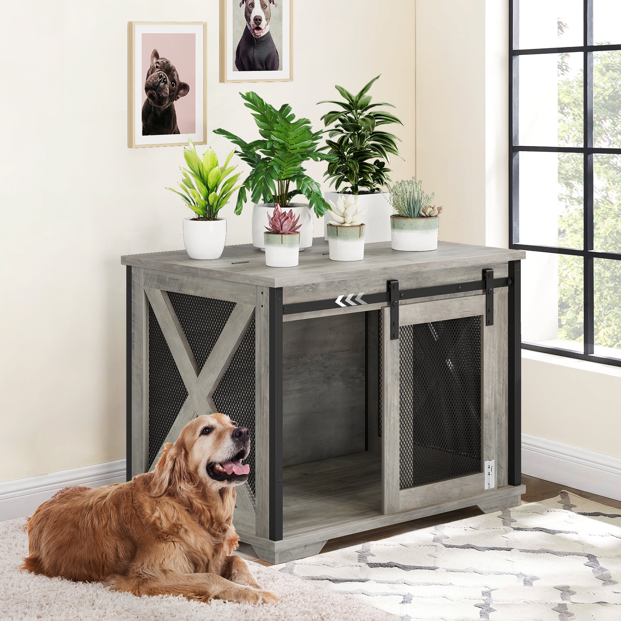 37'' Dog Crate Furniture Side End Table with Flip Top and Movable Divider, Wooden Dog Crate Table Large, Style Dog Kennel Side End Table