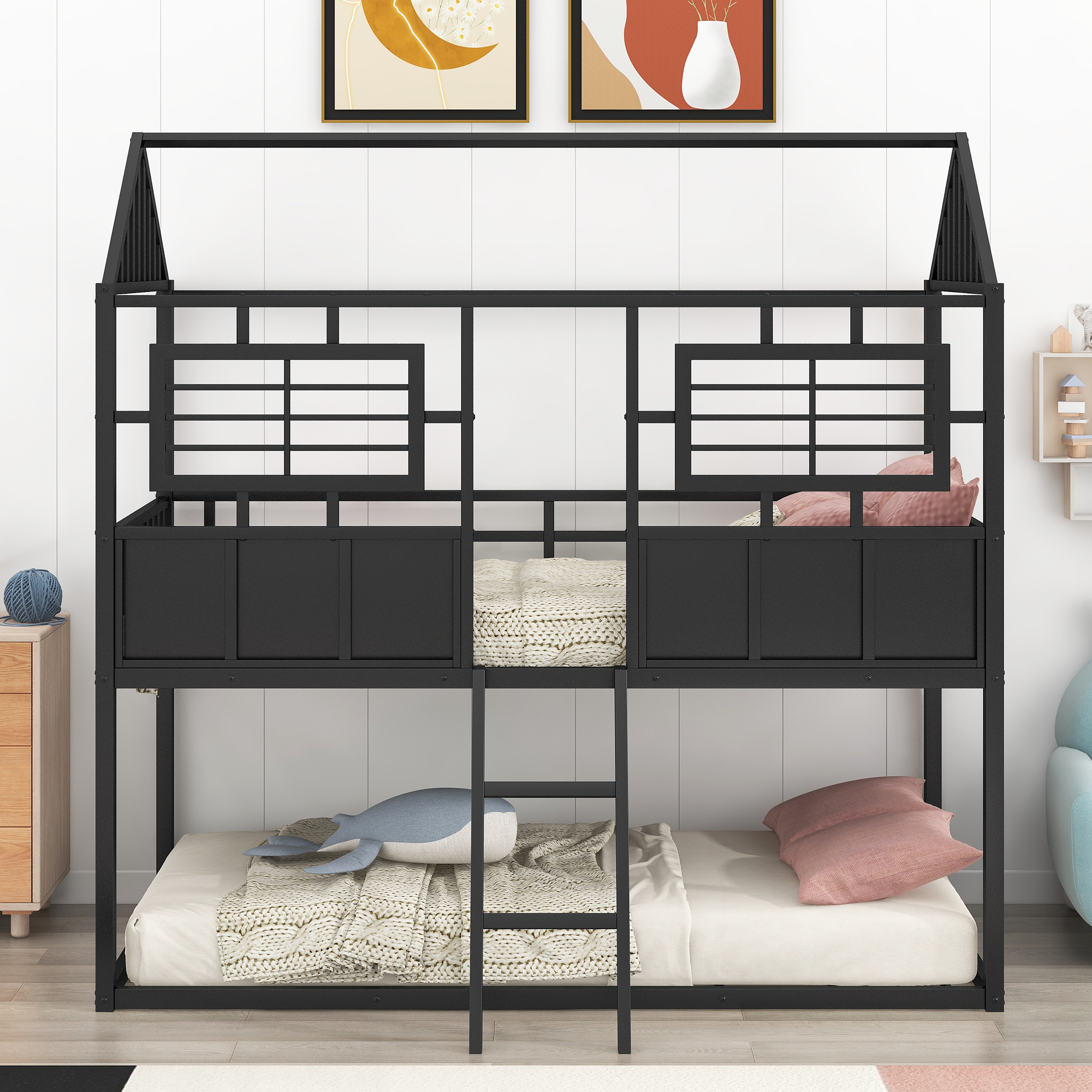Twin over Twin House Bunk Bed with Windows, Metal Bunk Bed Frame with Roof and Fence-shaped Guardrail, Bunk Bed Frame with Guardrails (Black)