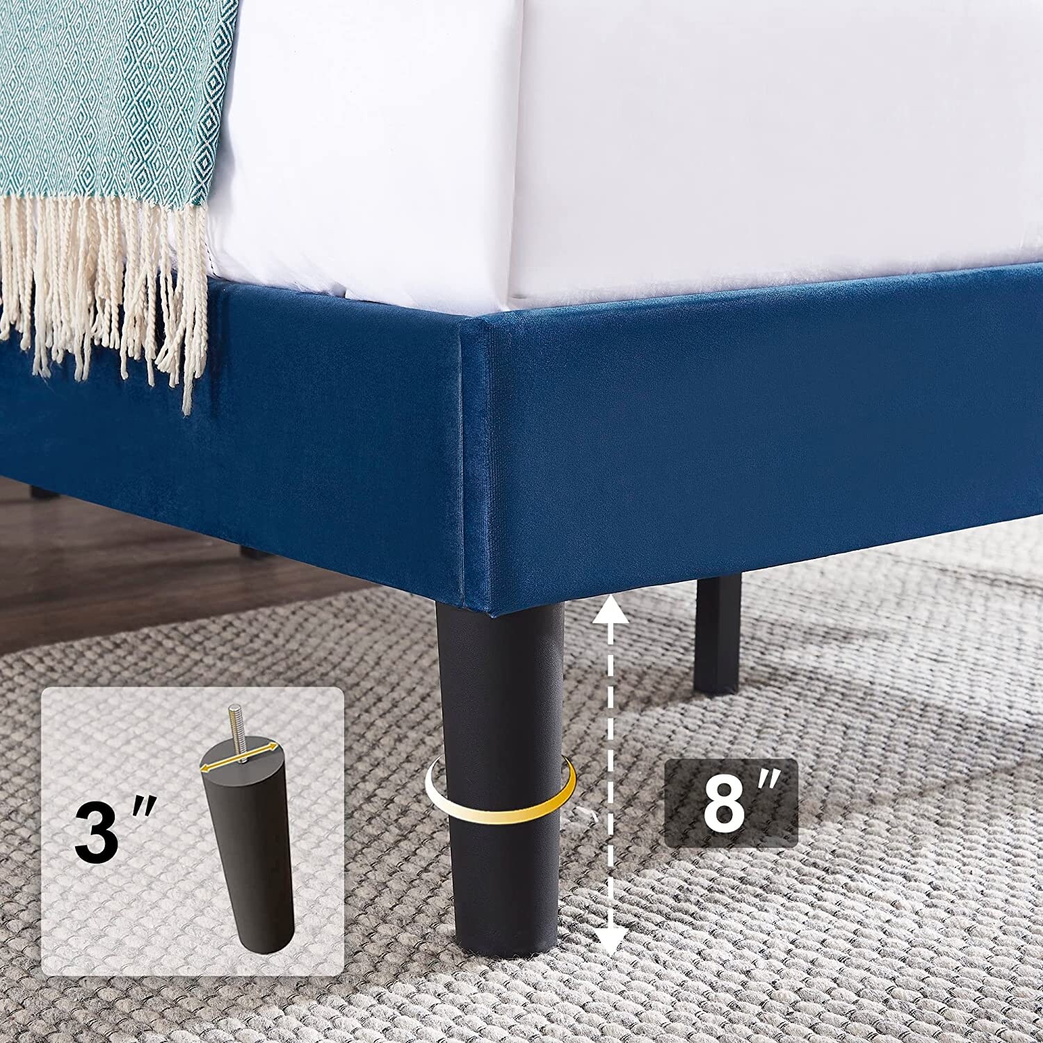 Javlergo Tufted Upholstered Bed Frame with Adjustable Height Headboard Blue - Queen