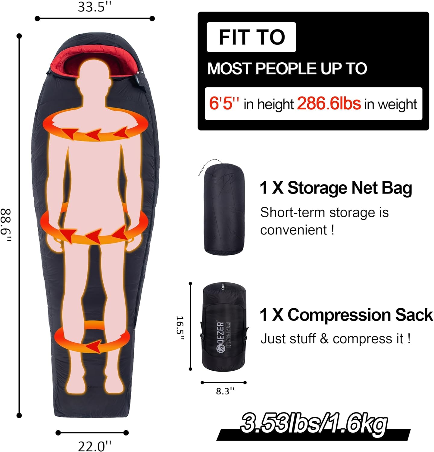 RUO 0 Degree Sleeping Bag for Adults 660 Fill Power Down Sleeping Bag for Cold Weather -20°F / -8°F / 0°F / 10°F Large Lightweight Sleeping Bag