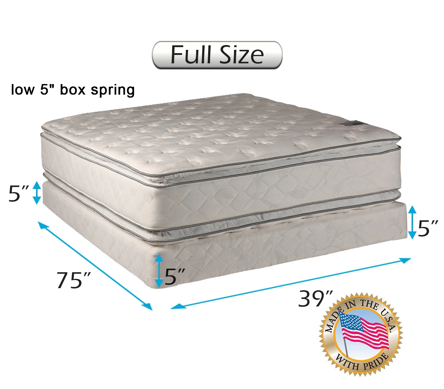 Dream Solutions Brand Soft PillowTop Full Mattress and Low Height Box Spring Set with Bed Frame Included - Two-Sided Sleep System with Enhanced Cushion Support, Spine Support, Longlasting