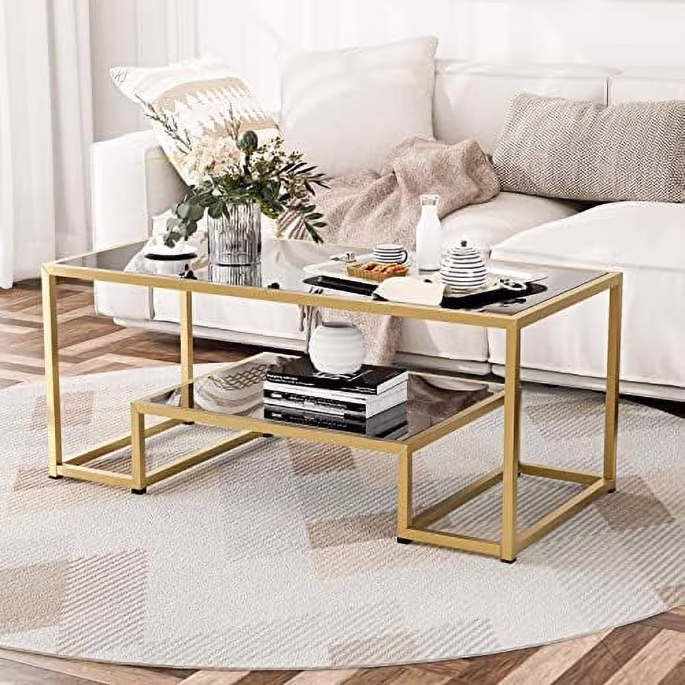 TJUNBOLIFE High Gloss Gold Nesting End Table  2-Tier Faux Marble Sofa  with   Metal Frame Bedside Table for Living Room  Bedroom  Office(White)