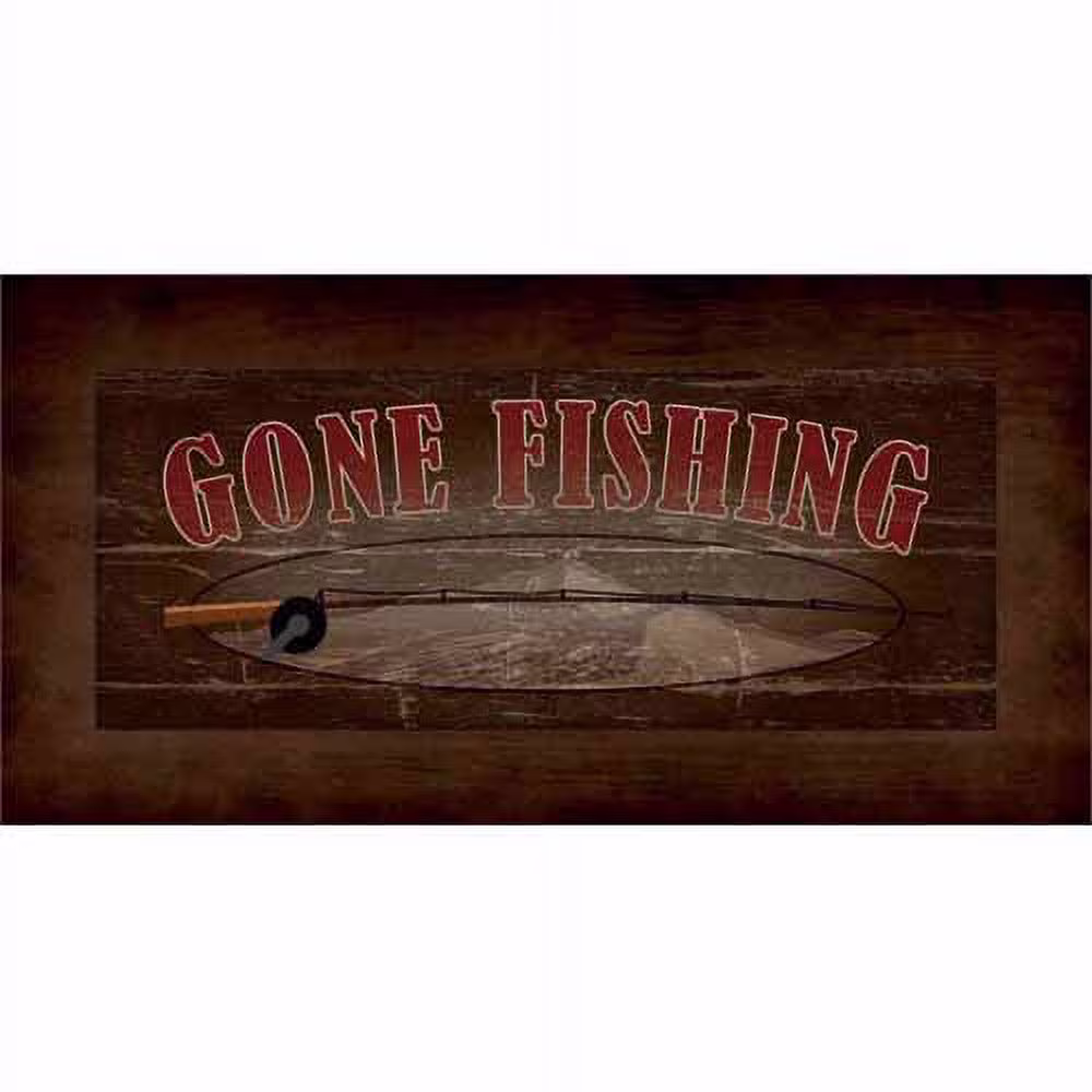 Gone Fishing Pole Sign Wood Grain Lake Lodge Painting Brown & Red Canvas Art by Pied Piper Creative