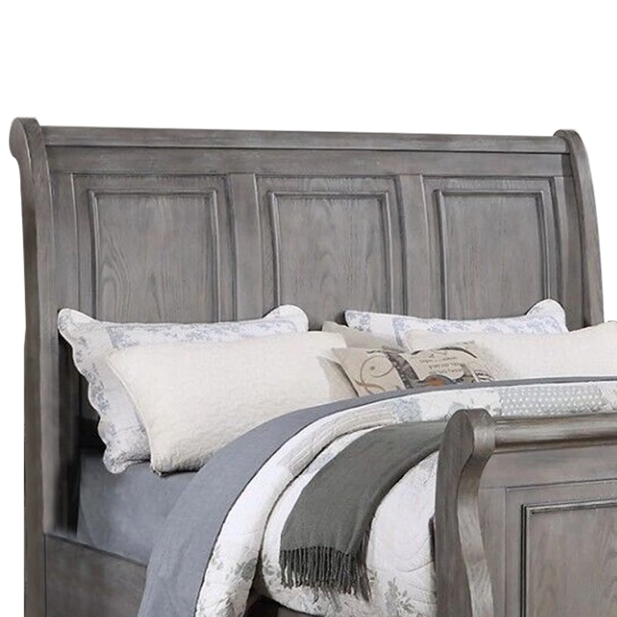 Demi Queen Size Bed Sleigh Headboard Tri Panel Molding Oak Gray Wood- Saltoro Sherpi