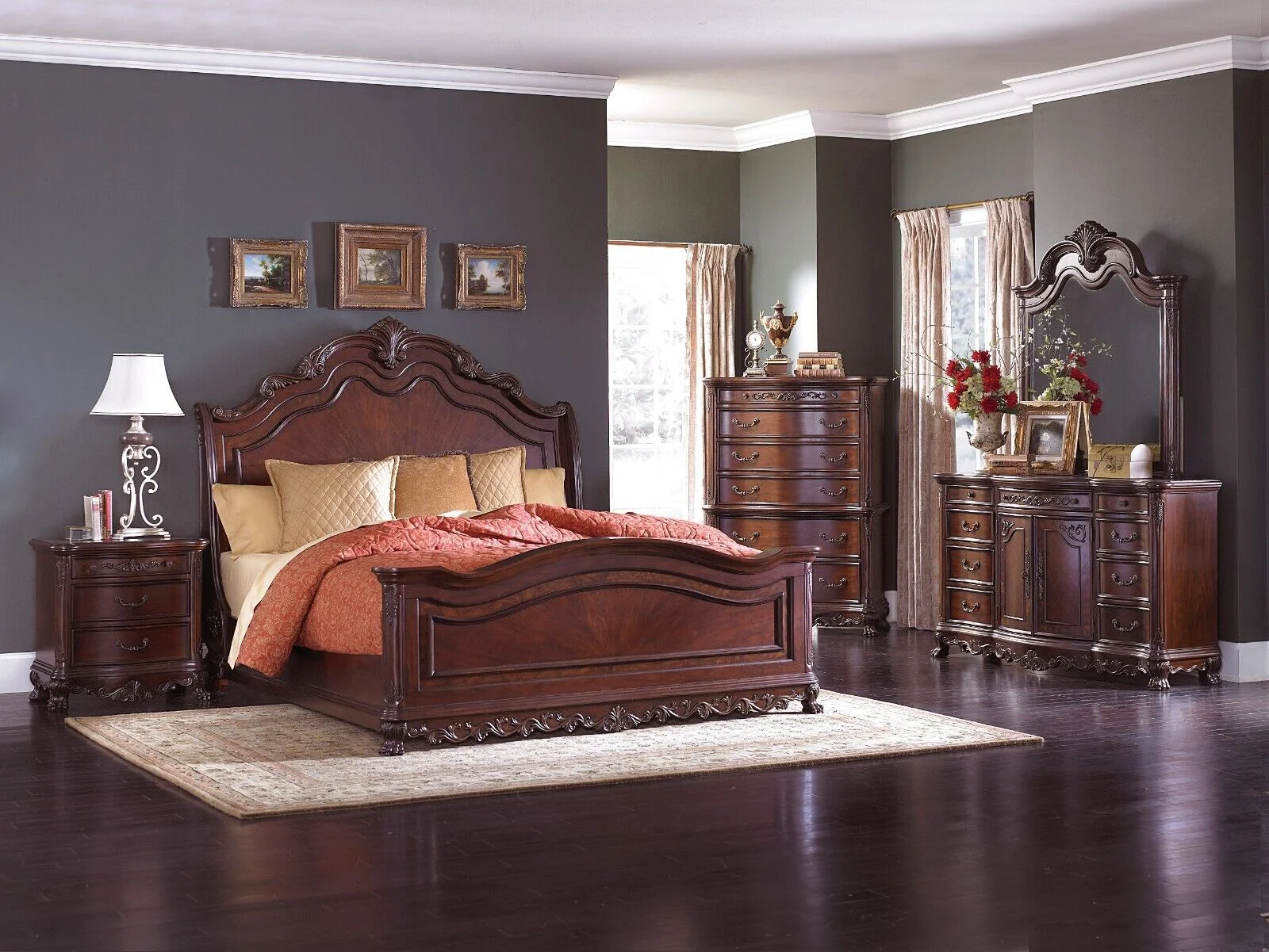Formal Bedroom 5pc Queen Bed Dresser Nightstands Mirror Set Traditional Style Cherry Finish