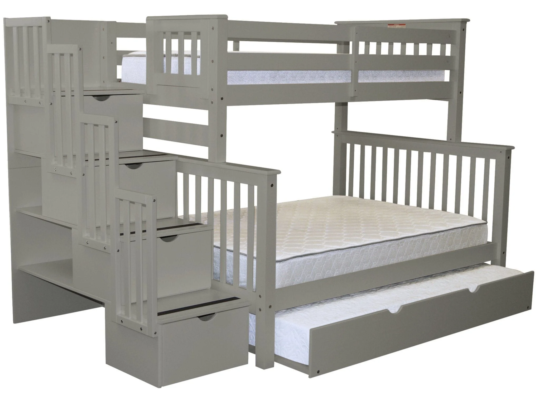 Bedz King Stairway Bunk Beds Twin over Full with 4 Drawers in the Steps and a Twin Trundle, Gray