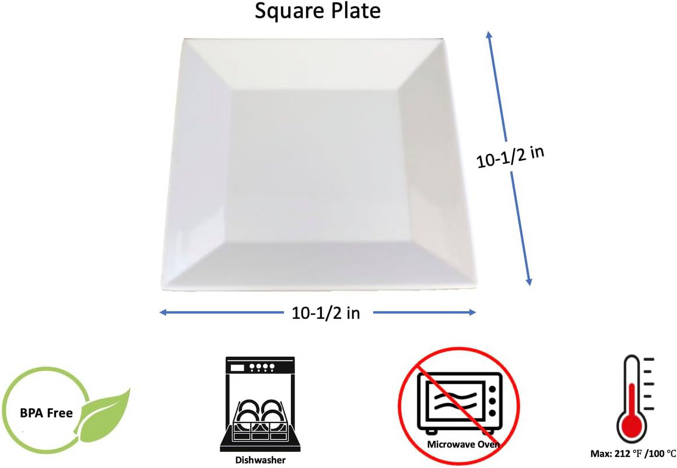 Catering Cafeteria Buffet Melamine Square Plate, White, 10.5