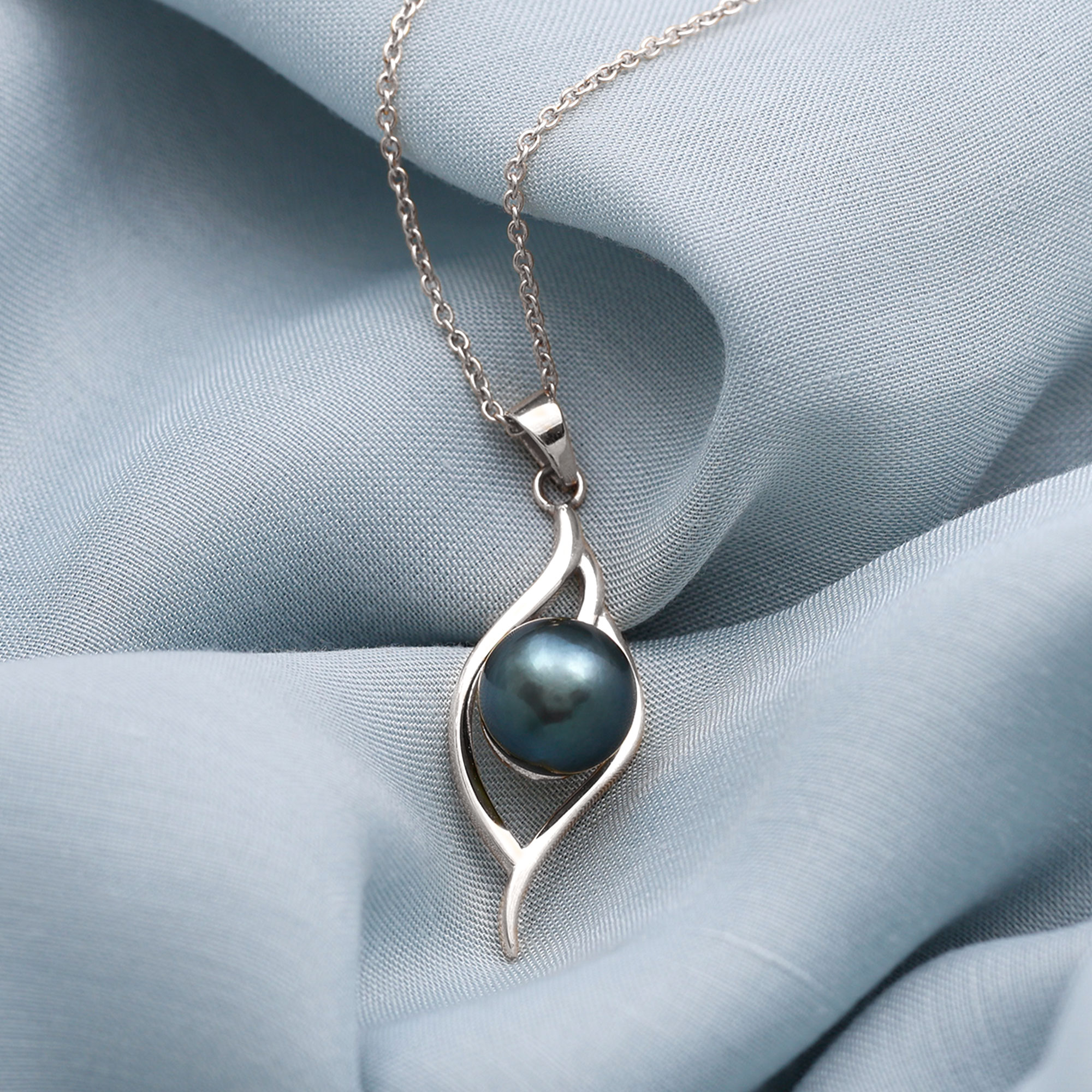 Natural Tahitian Pearl Leaf Pendant Necklace for Women (10 mm, with chain), 925 Sterling Silver