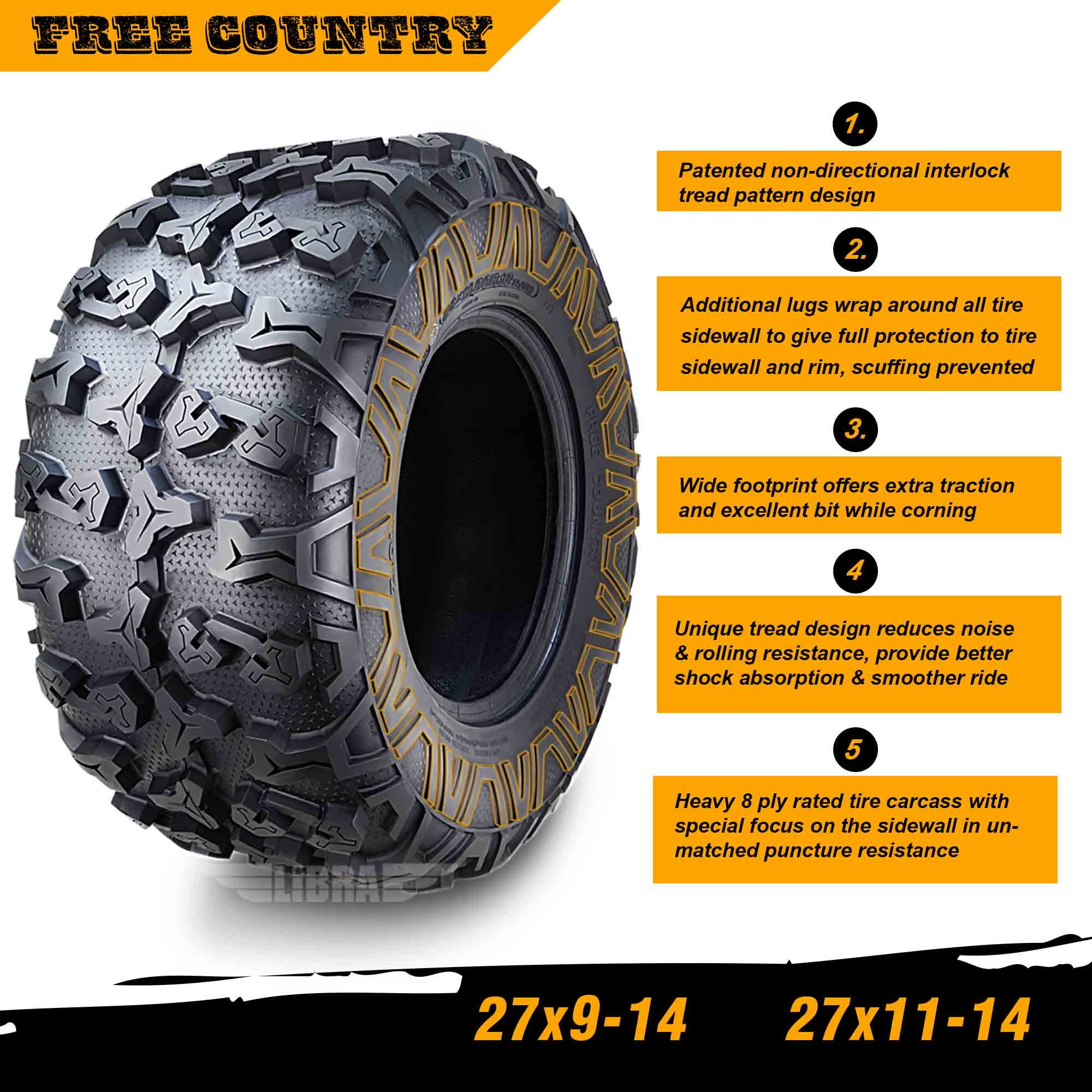 FREE COUNTRY 8PR Premium ATV/UTV Tires 27x9x14 & 27x11x14 fit 19-20 Arctic-Cat HAVOC BASE
