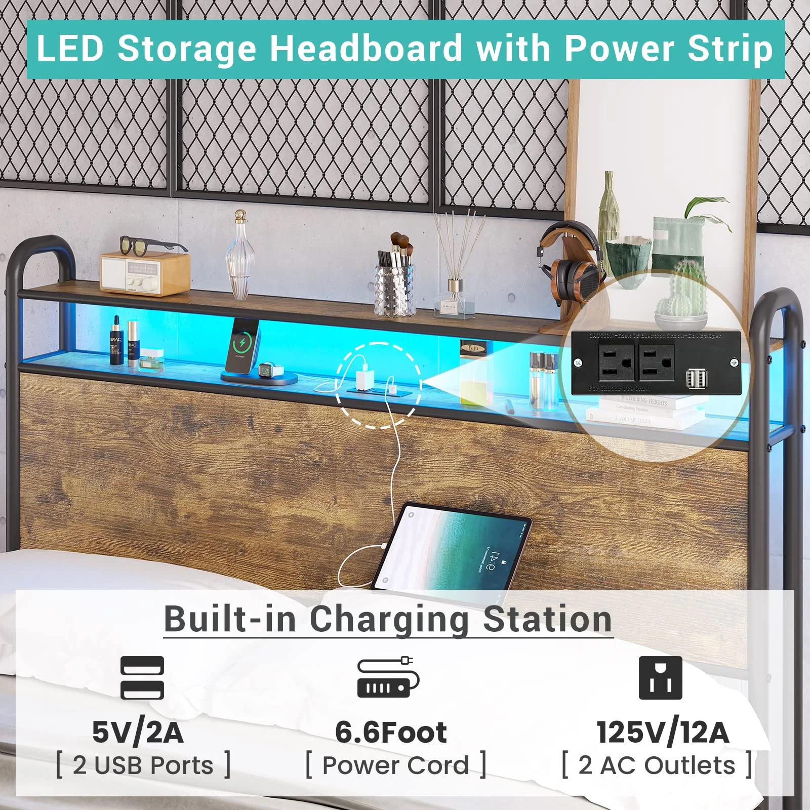 EPHEX LED King Bed Frame with Storage Headboard, Industrial Platform Bed Frame with 2 Outlets and 2 USB Ports