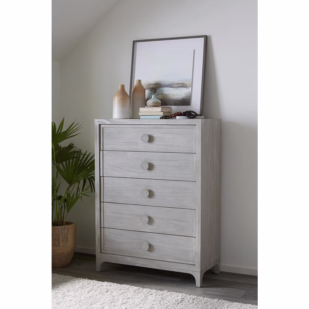 Modus Furniture Boho Chic Five-Drawer Chest in Washed White (2024)