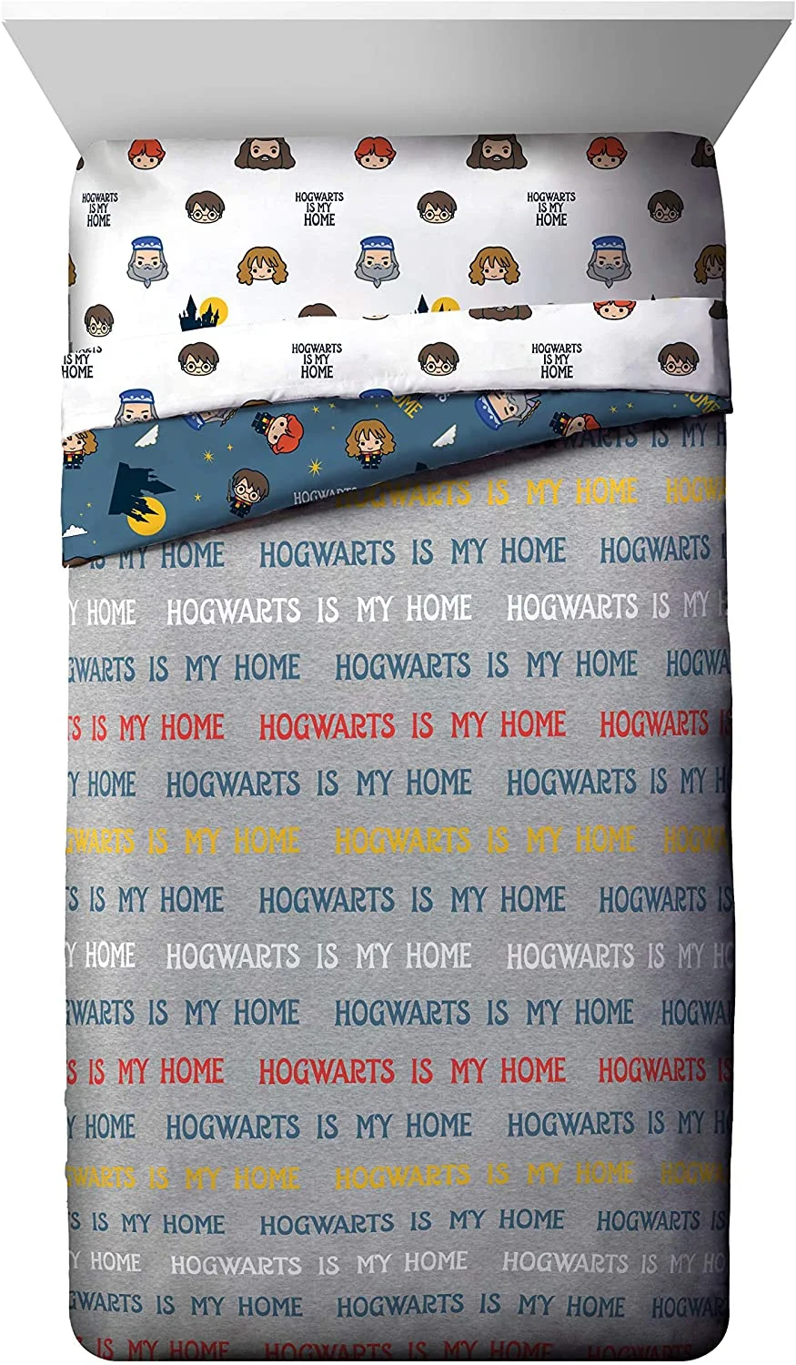 Harry Potter Hogwarts Is My Home Blue 5 Piece Full Bed Set, 100% Microfiber, Grey