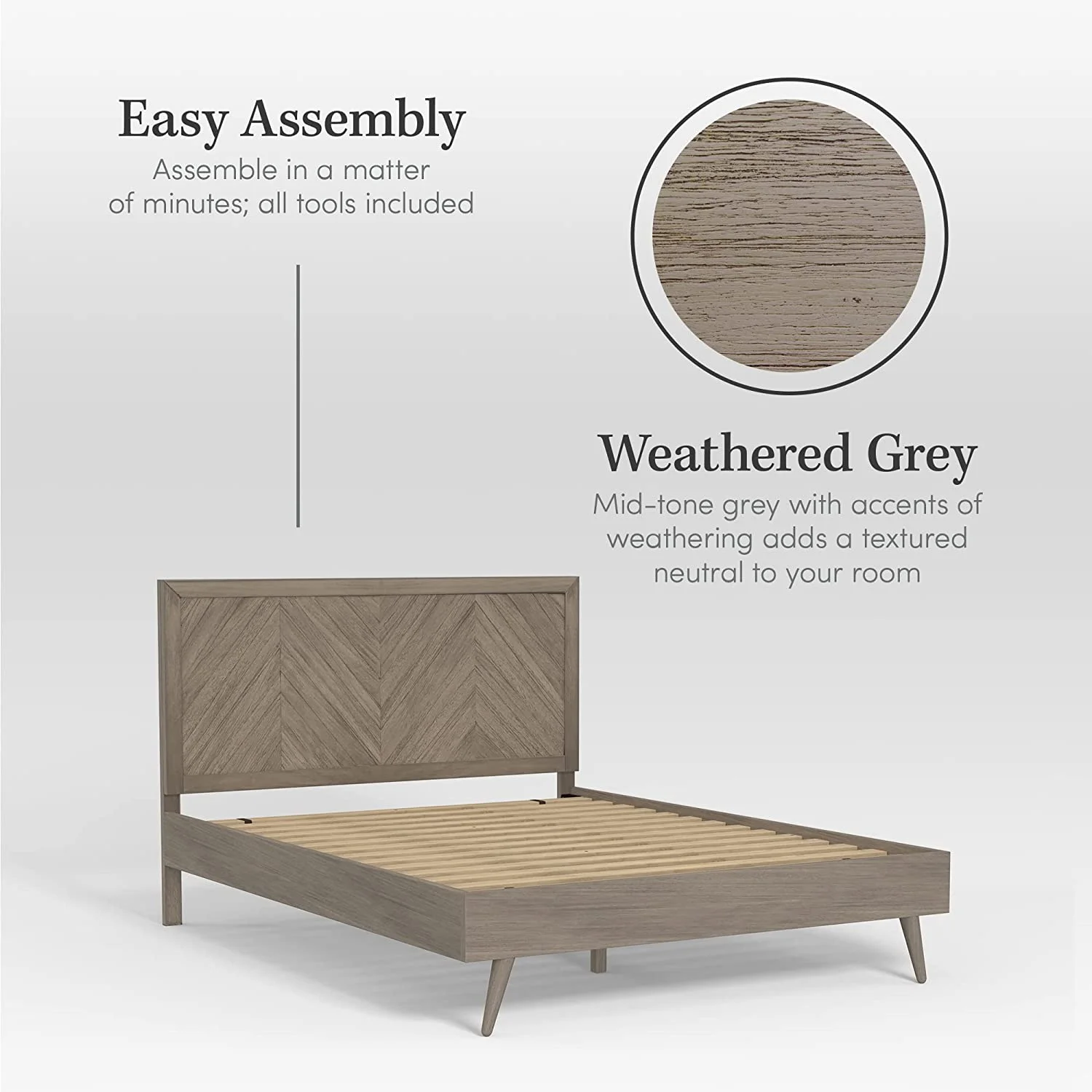 Chevron Wood Bed Frame with Adjustable Headboard | Solid Mahogany Wood | Queen  Grey | No Box Spring Needed | Easy Assembly