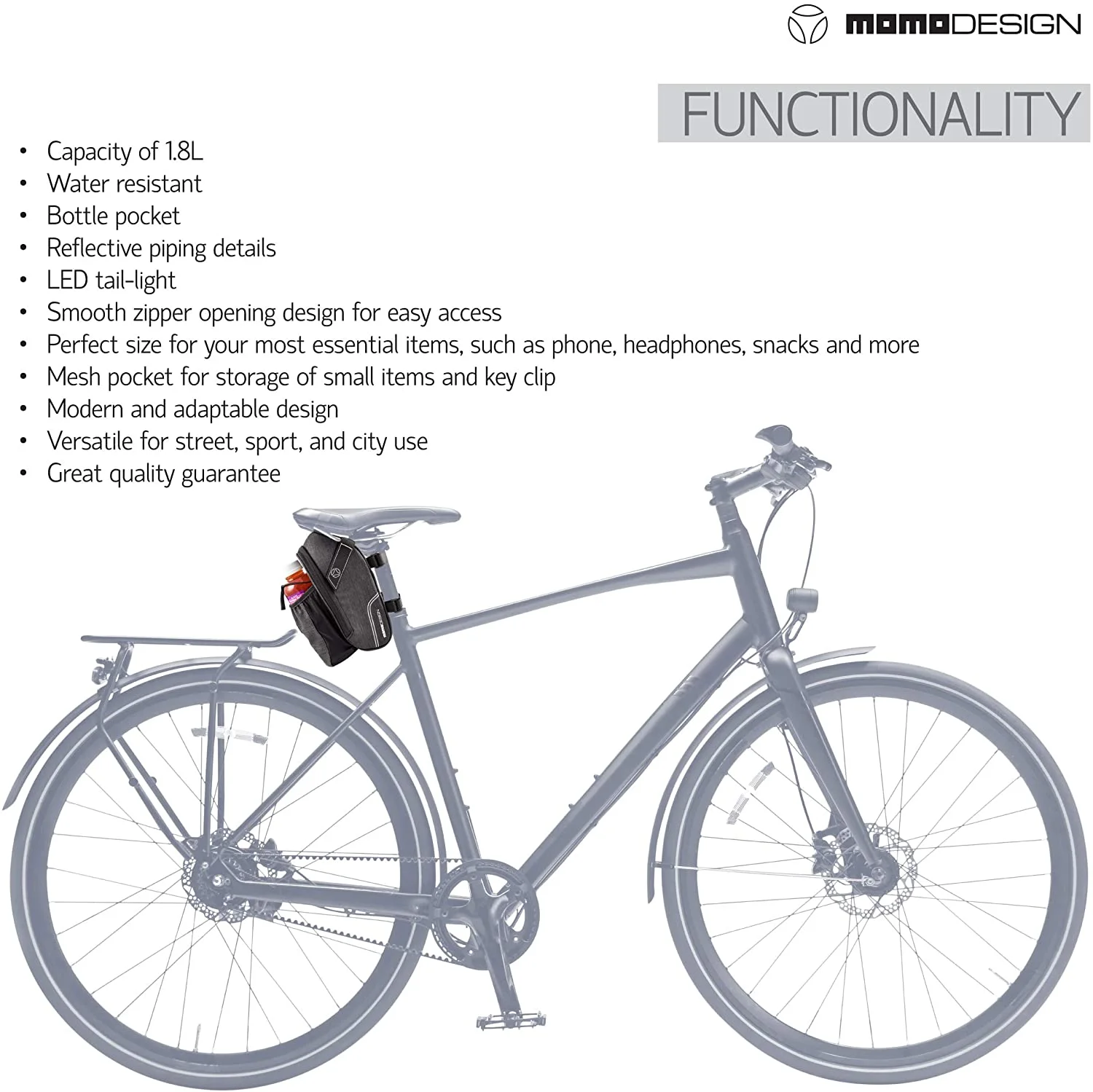 MOMODESIGN Bike • Saddle Bag with Bottle Holder & Light • Universal Mounting • Bag Weather Safe & Water Resistant • Reflective Design • Bottle Holder • Capacity of 1.8 L