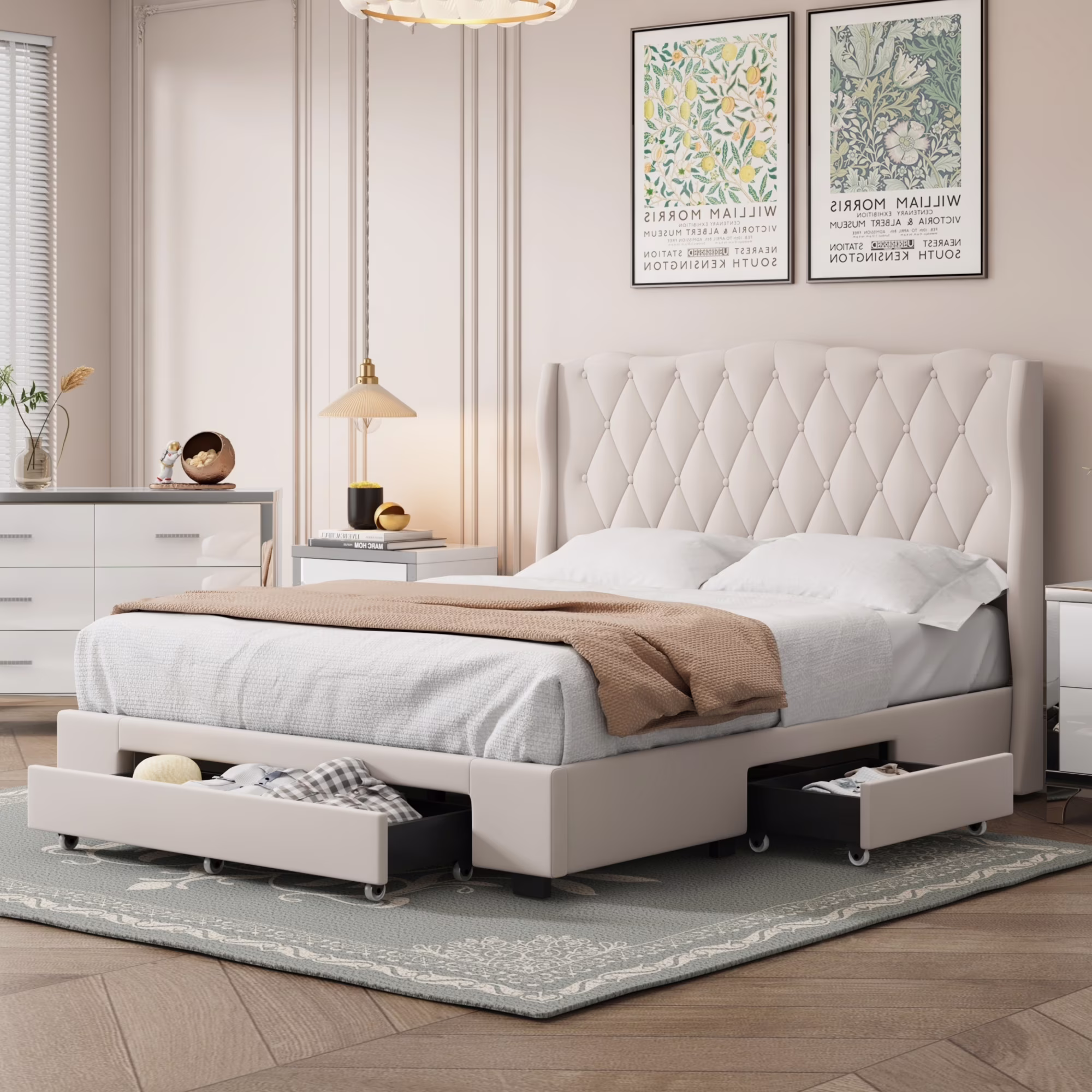 Dawn Whisper Upholstered Queen Size Platform Bed with Tufted Headboard and 3 Drawers, Velvet Fabric, Beige